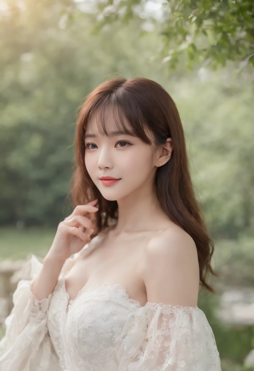 top-quality, Photorealsitic, masterpiece, 8K, Hi-Res, 独奏, 1girl in, (((infp young woman))),sixteen years old、full body Esbian、(small tits), ((Look at viewers)), (look at a camera), ((Different hairstyles close to long))、Perfect straight black hair、(((With bangs)))、 (profetional lighting), Highly detailed bright face、Gentle Japan girl、Lovely smile、Small cleavage、With lace、White dress(long-sleeve)、Standing in the park