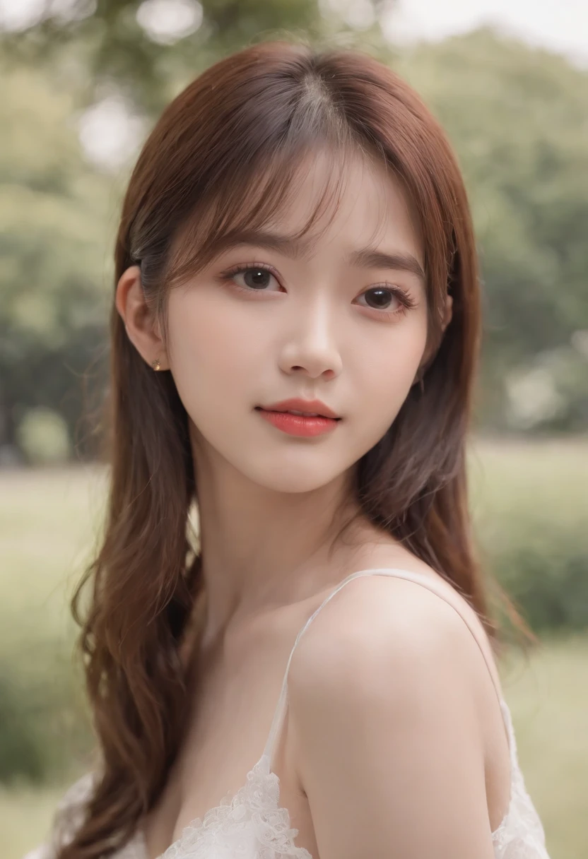 top-quality, Photorealsitic, masterpiece, 8K, Hi-Res, 独奏, 1girl in, (((infp young woman))),sixteen years old、full body Esbian、(small tits), ((Look at viewers)), (look at a camera), ((Different hairstyles close to long))、Perfect straight black hair、(((With bangs)))、 (profetional lighting), Highly detailed bright face、Gentle Japan girl、Lovely smile、Small cleavage、With lace、White dress(long-sleeve)、Standing in the park