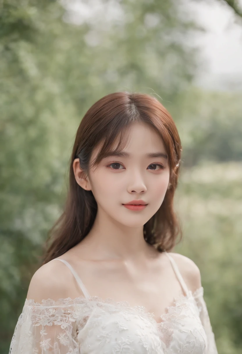 top-quality, Photorealsitic, masterpiece, 8K, Hi-Res, 独奏, 1girl in, (((infp young woman))),sixteen years old、full body Esbian、(small tits), ((Look at viewers)), (look at a camera), ((Different hairstyles close to long))、Perfect straight black hair、(((With bangs)))、 (profetional lighting), Highly detailed bright face、Gentle Japan girl、Lovely smile、Small cleavage、With lace、White dress(long-sleeve)、Standing in the park