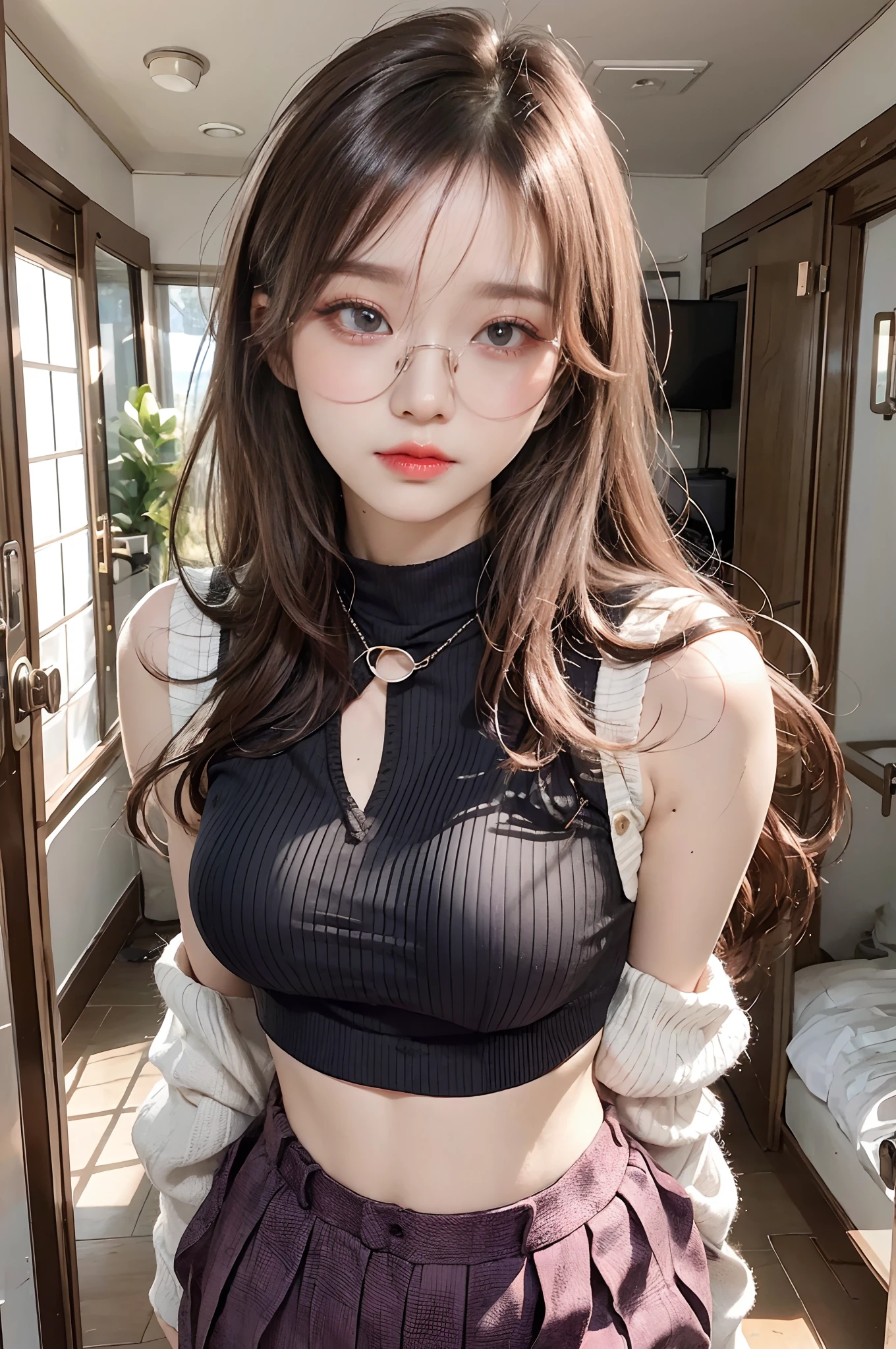 Top image quality、Raw photography、超A high resolution、18-year-old Korean、Glasses beauty、Colossal tits:1.5、cleavage of the breast:1.6、Healthy complexion、shiny white skin、Beautiful eyes with random colors、very thin lips、beautiful eyes finely detailed、elongated eyes、pale pink blush、long eyeslashes、Beautiful double eyelids、eyeshadows、耳Nipple Ring、(Fashionable glasses)