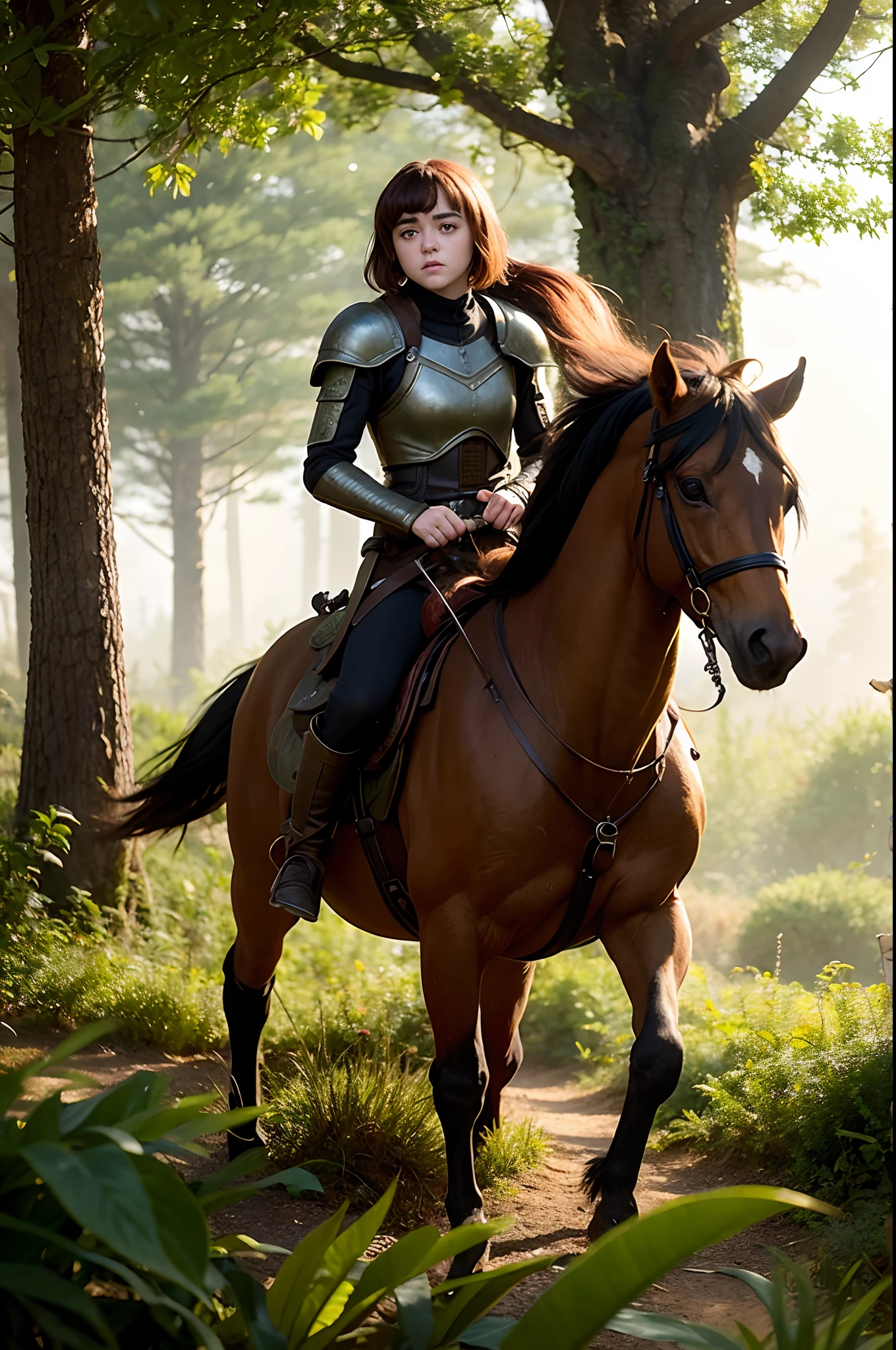 Looks like Maisie Williams, beautiful girl from a fantasy story in standing in the dark forest, epic style, octane render, desert composition, beautiful face, hyperrealistic, oil on canvas, award-winning, masterpiece, trending on artstation, by Studio Ghibli
