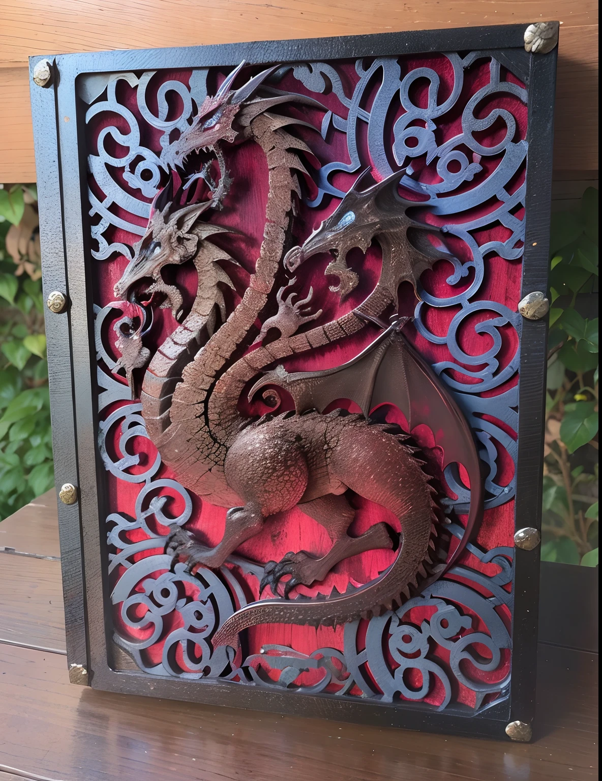 There is a dragon on a red background with a black frame, The first steampunk dragon, Pozo! Portada de la revista cultista, Hecho de metal intrincado y madera, demonic dragon inspired armor, dragon art, Draconic sculpted features, muy detallado", Intricate diabolical designs, muy detallado ", inspired by Kanō Hōgai, Detalles intrincados y calidad, Armadura inspirada en dragones