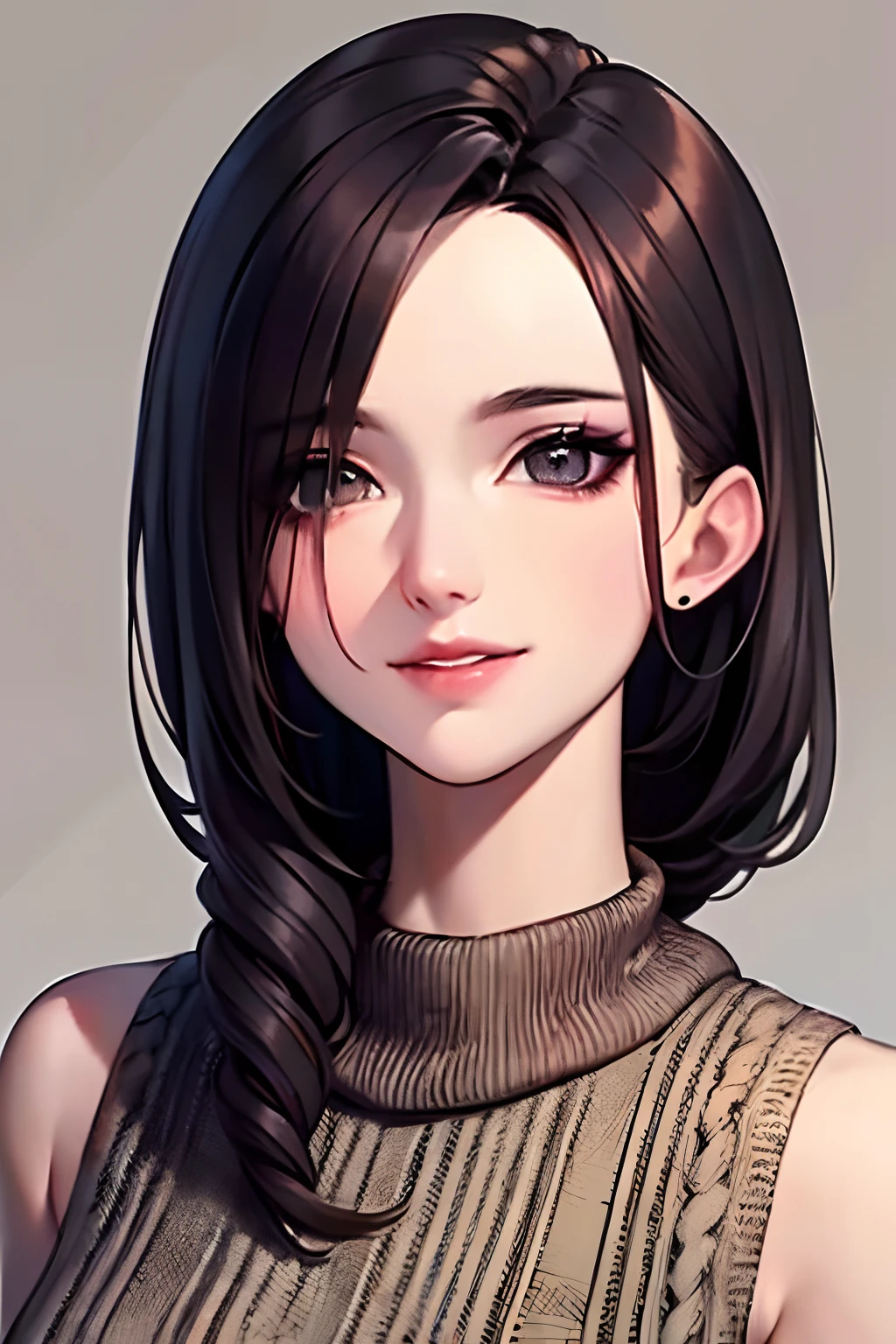 (masutepiece, Highest Quality), Beautiful and aesthetic, 1womanl, Idol, Elegant, (25 years old), Portrait, lightsmile, (Sleeveless knitwear), Entire upper body, Simple background,