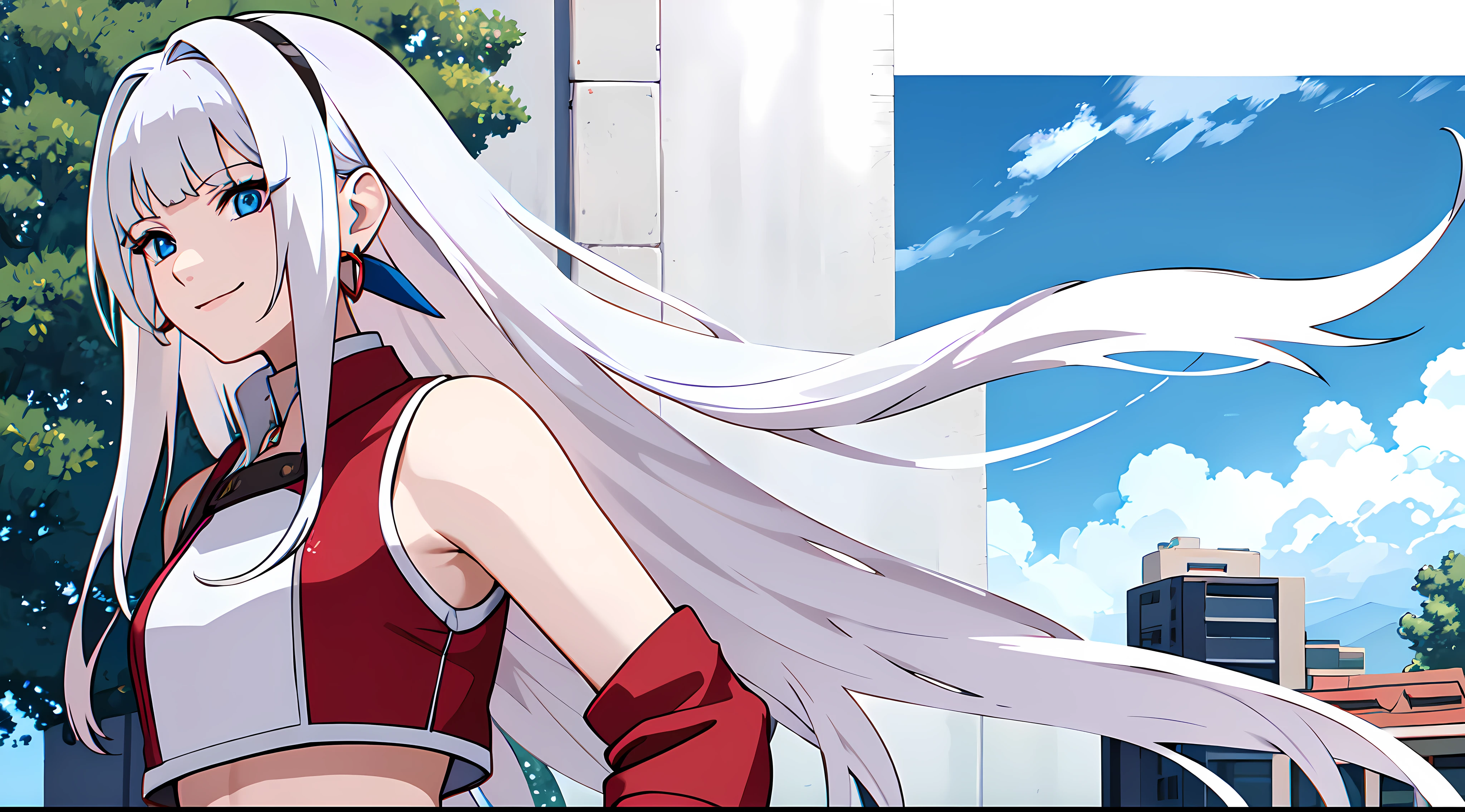 masterpiece, best quality, 1girl, very long white hair, bangs, blue eyes, red crop top, black shorts, mesh undershirt, light smile, earrings, blue sky, outdoors, close up