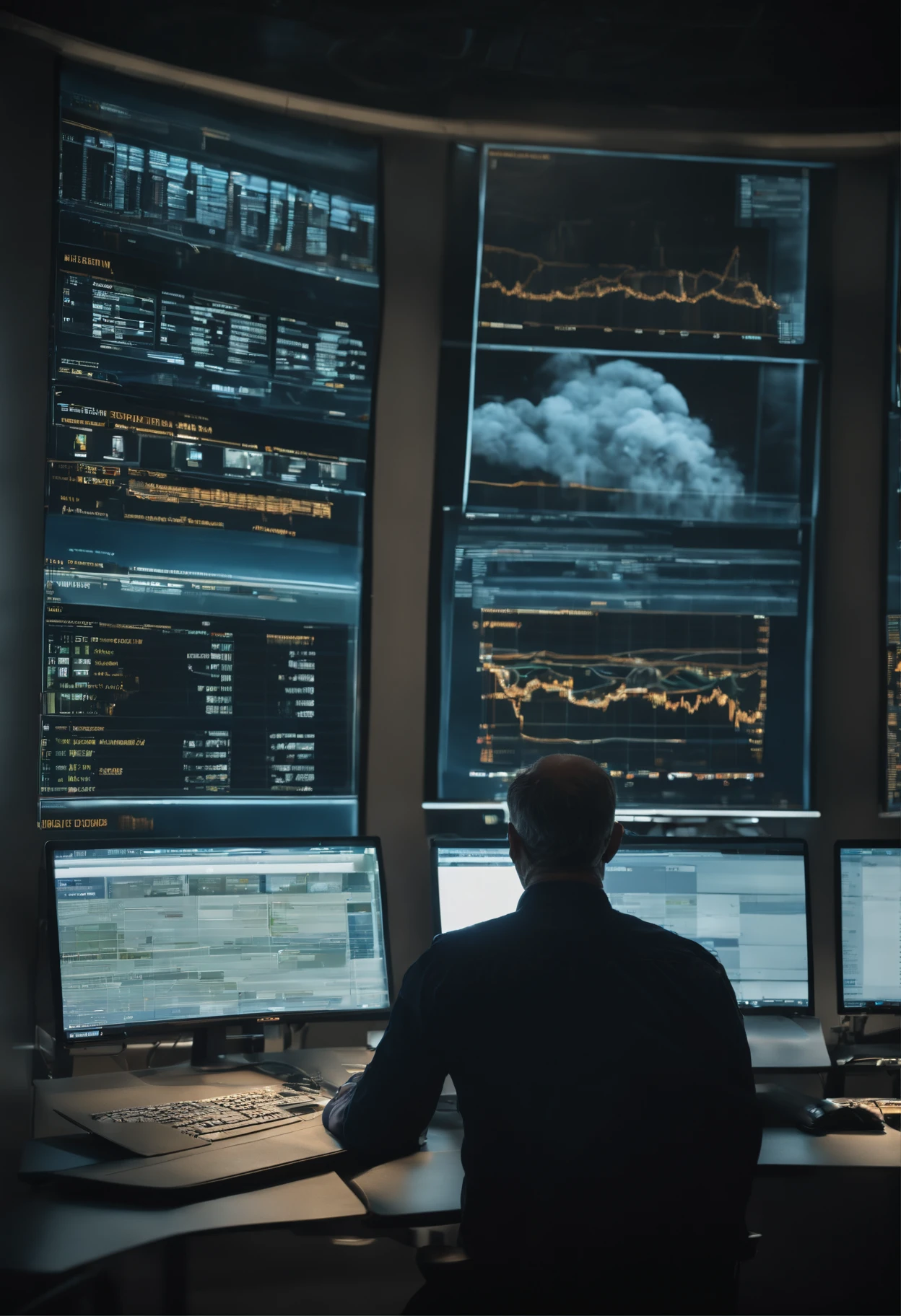 40-year-old French engineer, dressed in black pants and a blue shirt, Sleeves rolled up, looking at a very wide and large virtual screen with a complex nuclear power plant project schedule, ultra realistic image, type photographie, on distingue le grain de peau et les ombres sur le visage