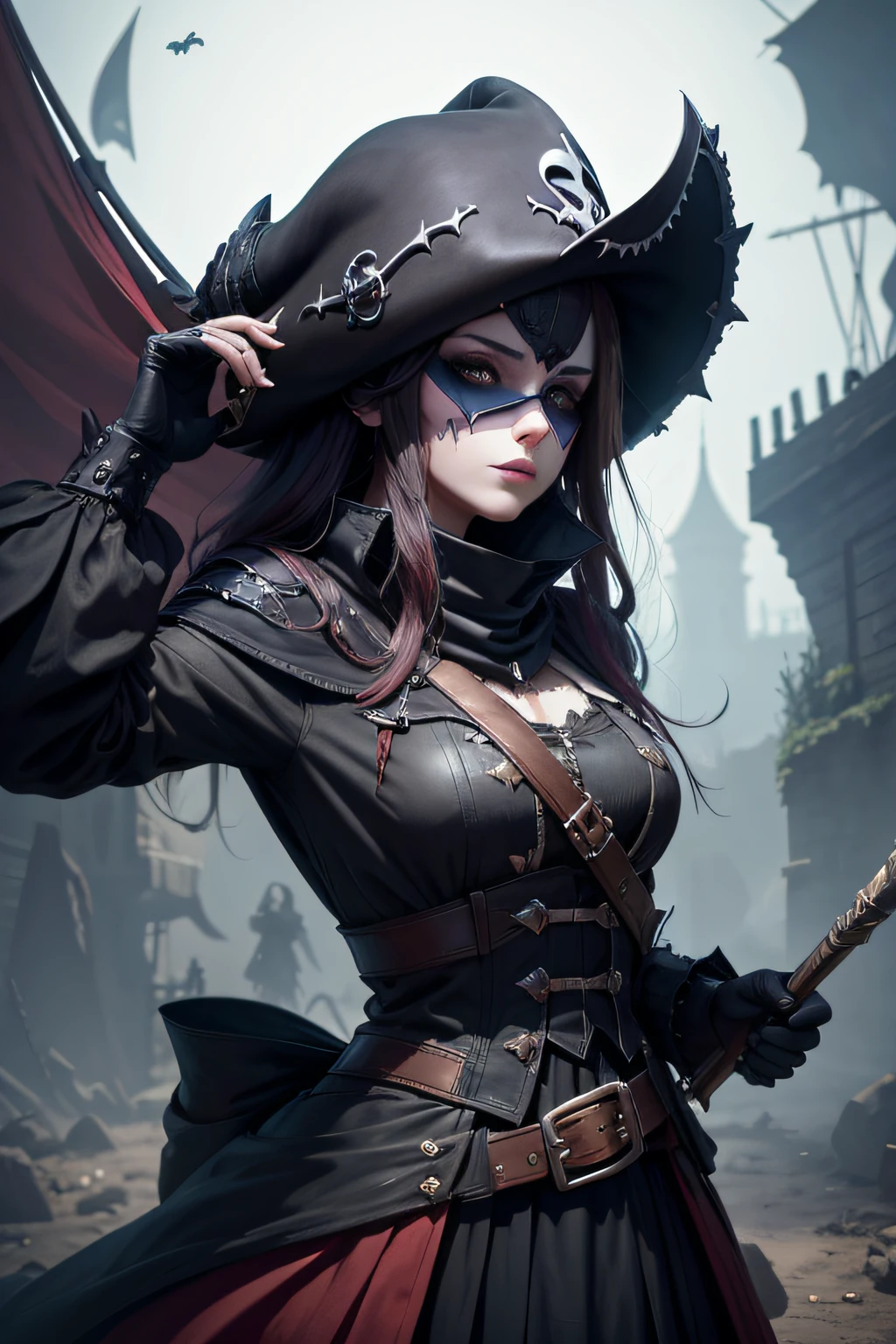 young demonic undead girl, dark pirate captain, on a ghost ship, evil look, dark make-up, ripped clothes,combat stance, wielding a sword, long pirate coat, pirate hat, highly detailed, vibrant appearance, creative behavior, extremly detailed, imaginative, sensual, spontaneous, highest quality, skin texture, intricate details, (cinematic lighting), RAW photo, 8k, masterpiece,best quality,ultra-detailed,very detailed illustrations,extremely detailed,intricate details,highres,super complex details,extremely detailed 8k cg wallpaper,