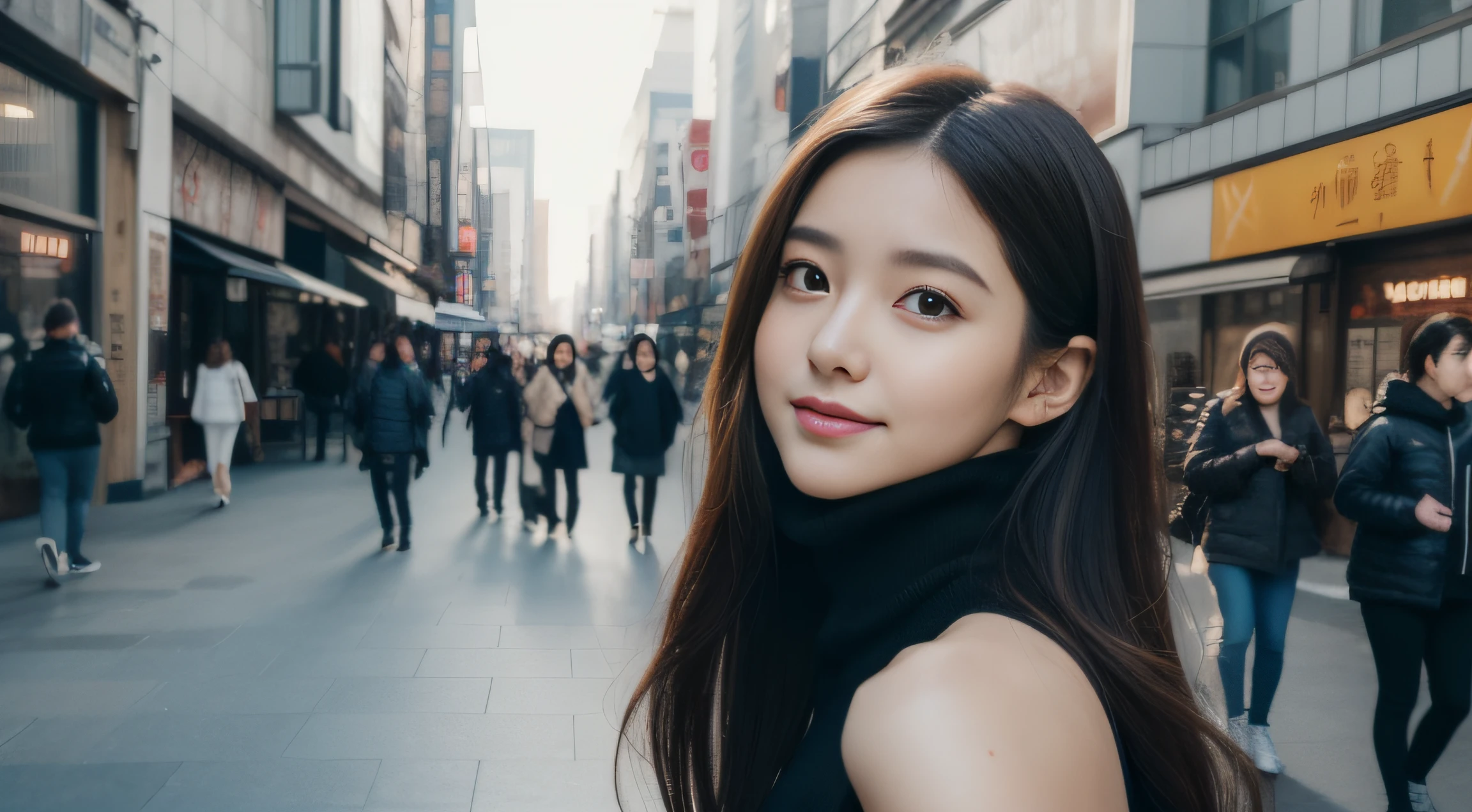 ulzzang -6500-v1.1, (Raw photo:1.2), (Photorealsitic), huge filesize, hight resolution, ighly detailed, top-quality, [​masterpiece:1.6], illustratio, ighly detailed, nffsw, finely detail, top-quality, 8k wallpaper, Woman crouching on street in big city、(1 girl in),17 age、full-shot、People with Japan、perfect body type, ((Big breasts with tension、Disproportionately huge、heavy breasts))、Lori face、closes mouth、shyly smile、(Japan Black High Neck Bodycon Dress、Black High Neck Bodycon Dress、Black Japan High Neck Bodycon Dress:1.3)、Crowds、dynamicposes(Photoreal: 1.4), (Hyper-realistic: 1.4), (Realistic: 1.3), (Smooth lighting: 1.05), (Improved cinematic lighting: 0.9), Realistic lighting, Backlight, Face Light, raytrace, (Whitening light: 1.2), (Image enhancement: 1.4), ( Top quality real skins: 1.4), Narrow eyes, Fine face, Narrow eyes, (Body Line Mood Increase: 1.1), (Skin Texture Enhancement Beauty: 1.1),