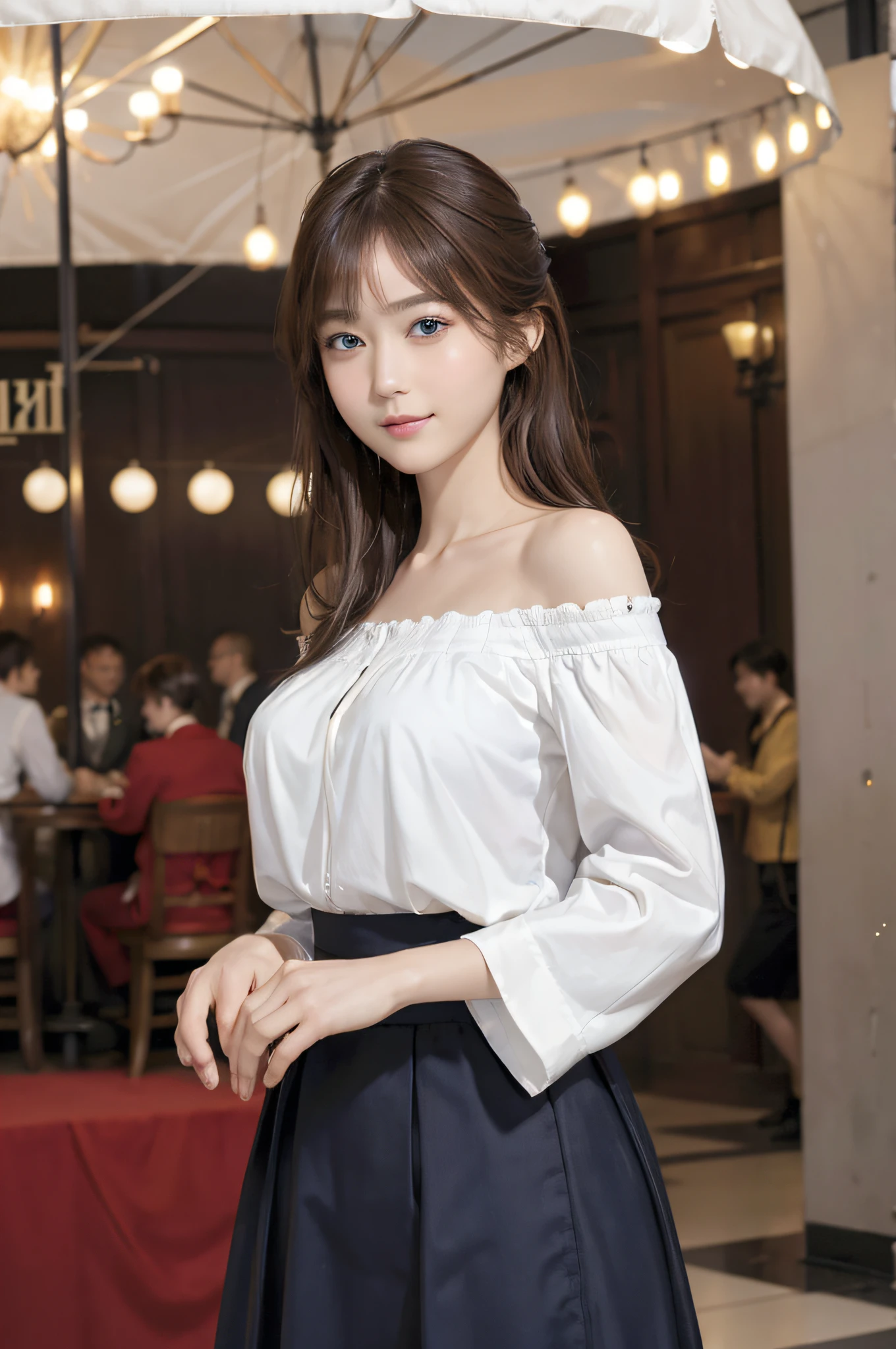 ((top-quality、masterpiece:1.3))、((Russian beauties))、1 female:2.0、18year old、Colossal tits:1.3、Slender body type:1.1、Toned abs、Blonde semi-long hair、Detailed lips、detailedeyes、二重まぶた、blue eyess、wide Shots、(Raw photography、top-quality)、(realisitic、Photorealsitic:1.3、day scene:1.5)、top-quality、masterpiece、extremely delicate and beautiful、extremely details CG、 absurderes、A smile、Erotic face、sparklers、omatsuri、skyrocket、Slouched、Nokezoru、An amusement park、Off-shoulder white shirt:1.8、flered skirt、merry-go-round