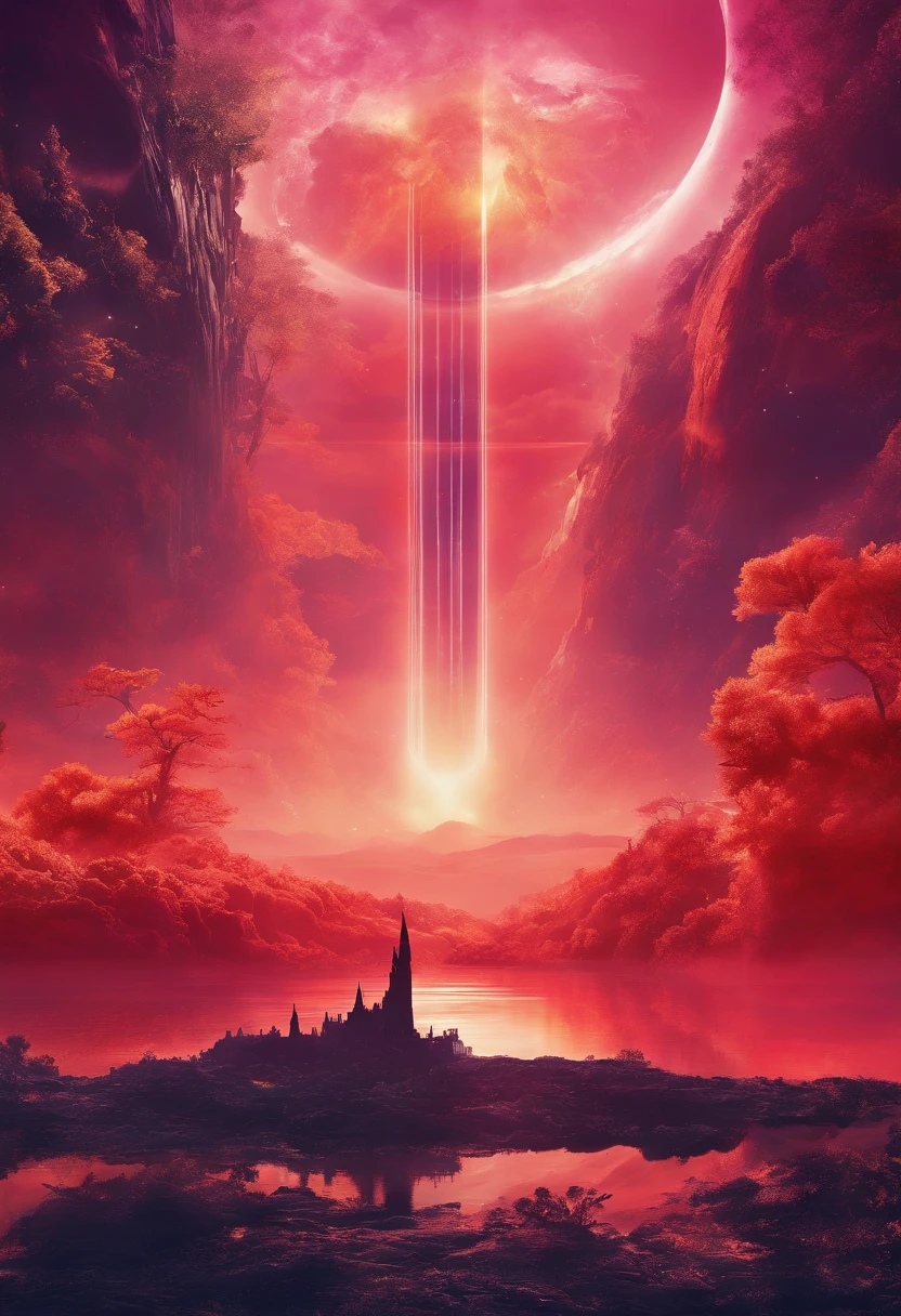 Background with: ((masterpiece)),((best quality)),((high detial)),((realistic,))Mysterious outer space, Floating mountains, avatar landscape, Water channels, Hallelujah Hill, (Giant castle floating in the air: 1.5), (Reflection: 1.2), amazing alien landscape, floating and flying island, Land floating in the clouds, Alien landscape, Movie dystopia, Epic matte painting, alien mountains, Environment concept, Dutch Golden Age painting, Fuji colors, Shining, Blurry, fading border, partial underwater shot, Masterpiece, 8K, In a red dream, A beautiful artwork illustration,