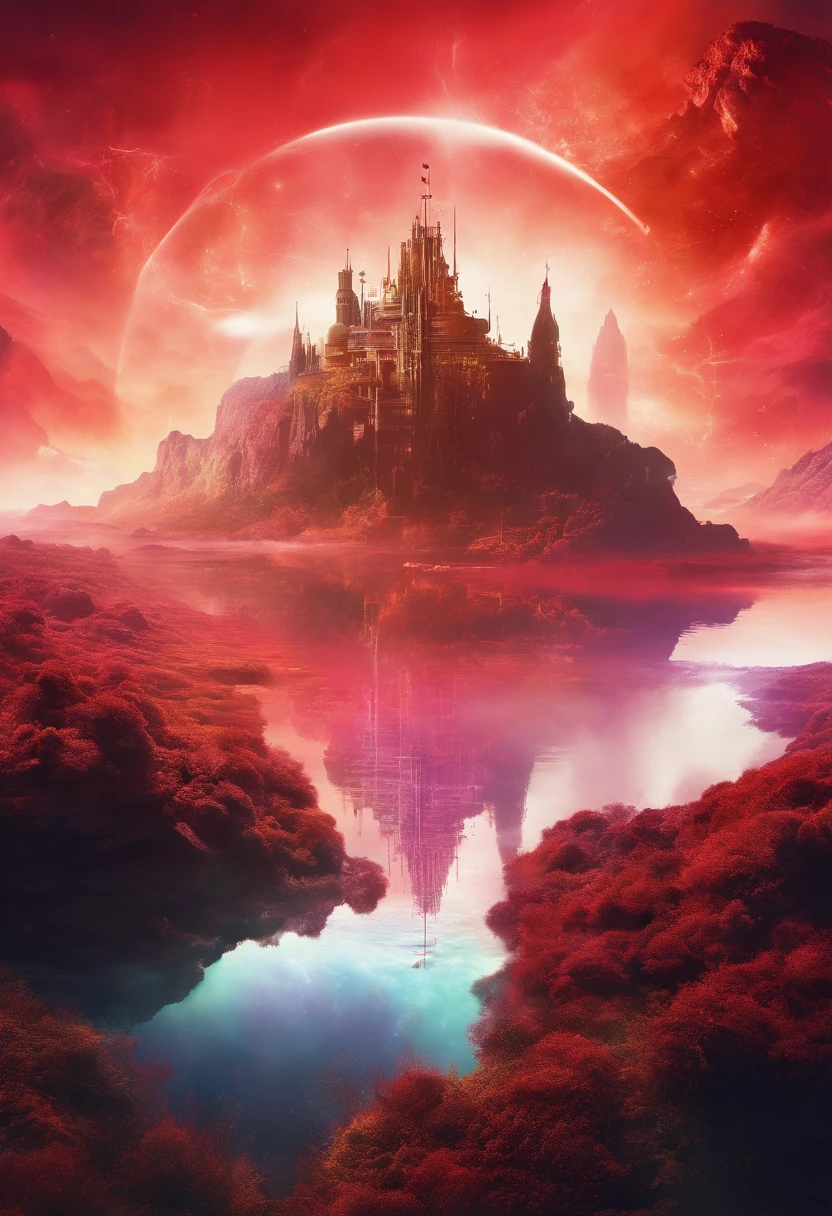 Background with: ((masterpiece)),((best quality)),((high detial)),((realistic,))Mysterious outer space, Floating mountains, avatar landscape, Water channels, Hallelujah Hill, (Giant castle floating in the air: 1.5), (Reflection: 1.2), amazing alien landscape, floating and flying island, Land floating in the clouds, Alien landscape, Movie dystopia, Epic matte painting, alien mountains, Environment concept, Dutch Golden Age painting, Fuji colors, Shining, Blurry, fading border, partial underwater shot, Masterpiece, 8K, In a red dream, A beautiful artwork illustration,