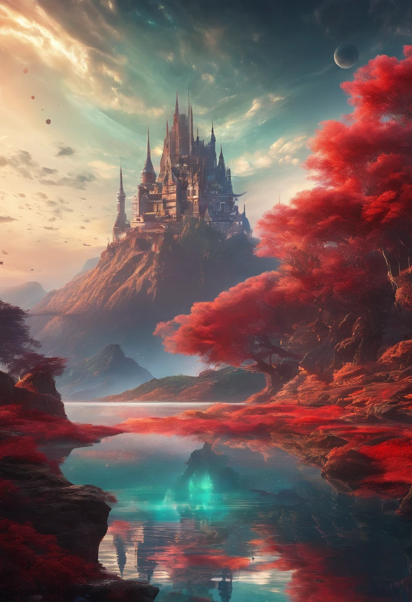 Background with: ((masterpiece)),((best quality)),((high detial)),((realistic,))Mysterious outer space, Floating mountains, avatar landscape, Water channels, Hallelujah Hill, (Giant castle floating in the air: 1.5), (Reflection: 1.2), amazing alien landscape, floating and flying island, Land floating in the clouds, Alien landscape, Movie dystopia, Epic matte painting, alien mountains, Environment concept, Dutch Golden Age painting, Fuji colors, Shining, Blurry, fading border, partial underwater shot, Masterpiece, 8K, In a red dream, A beautiful artwork illustration,