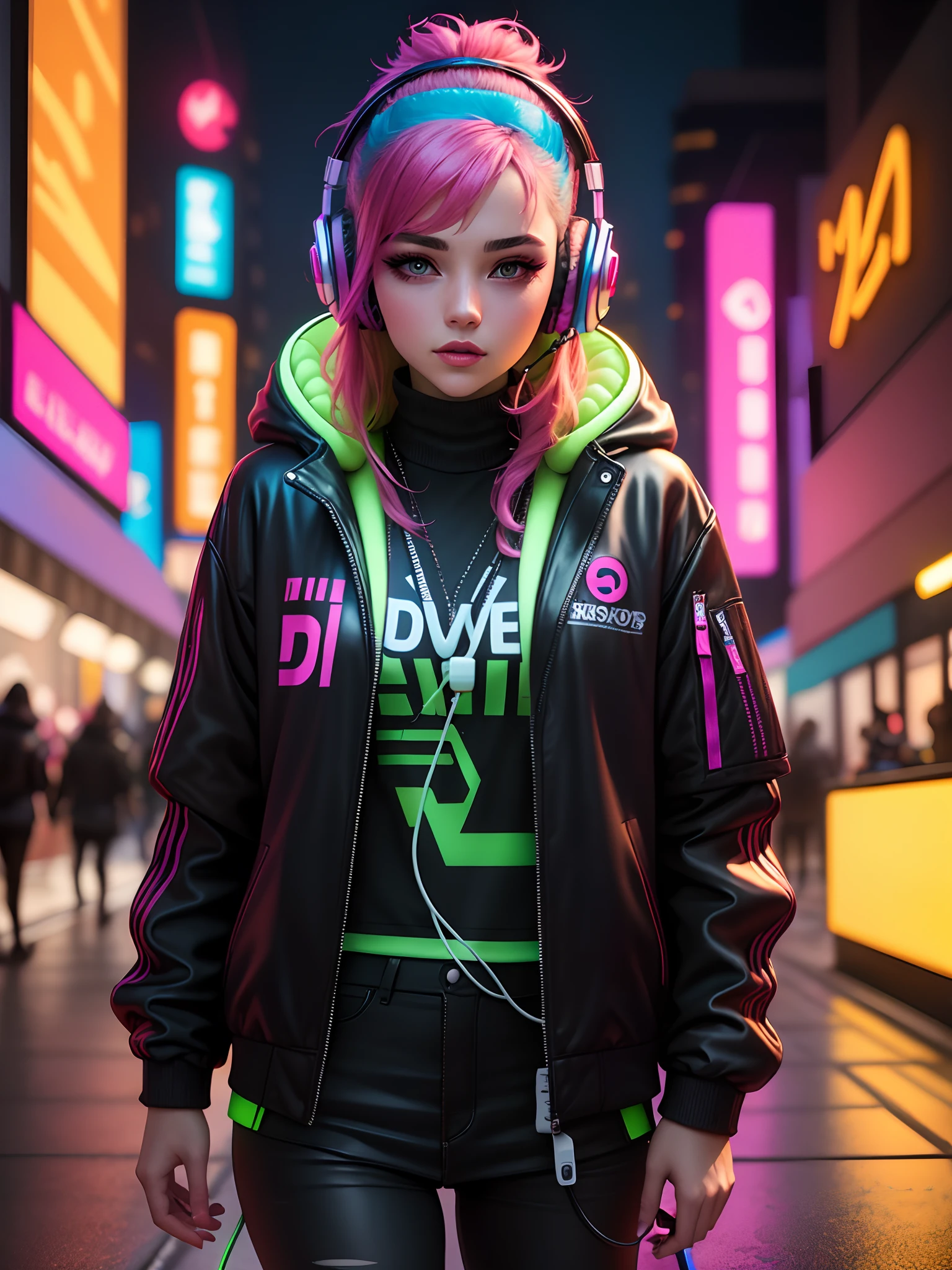 A woman with pink hair and headphones standing in a city - SeaArt AI