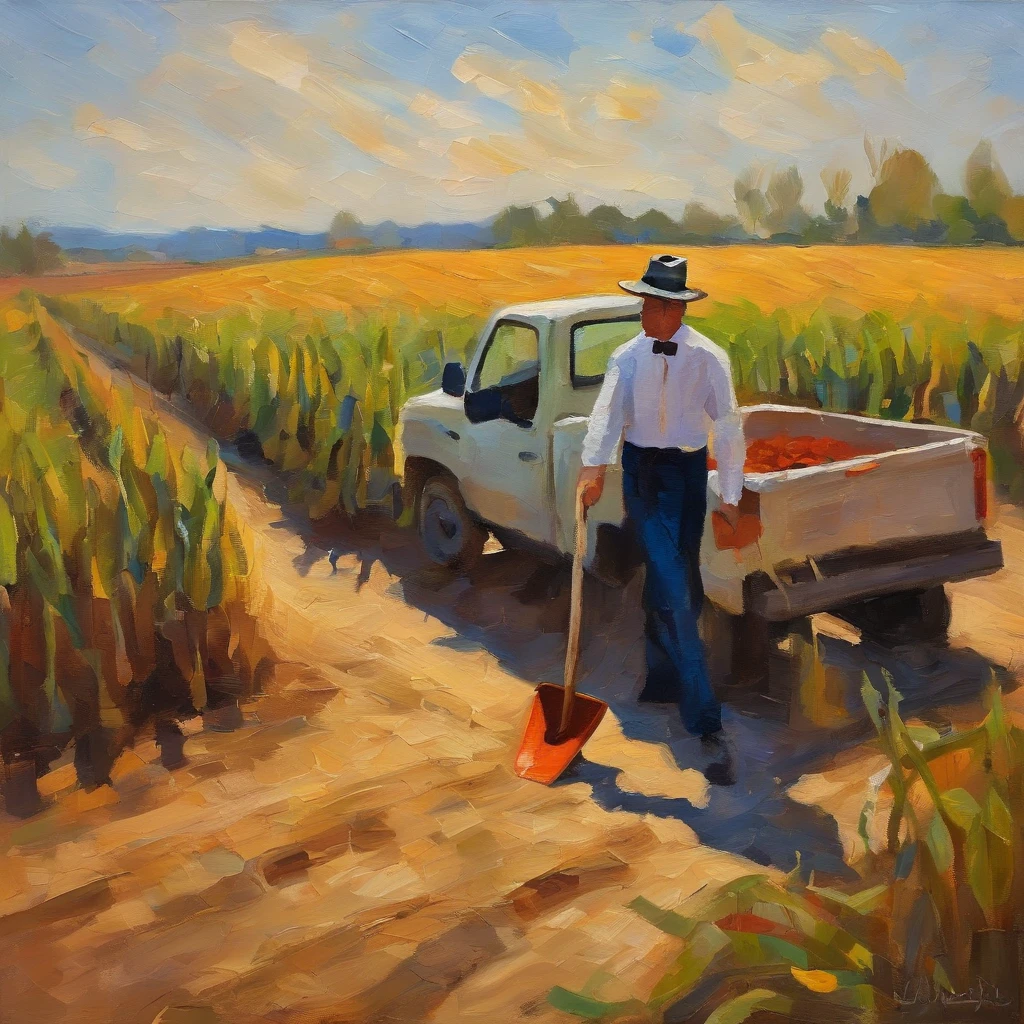 man with tuxedo, pick shovel in the truck. in the middle road, at corn fields