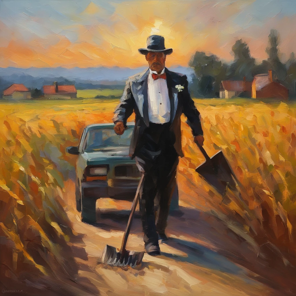 man with tuxedo, pick shovel in the truck. in the middle road, at corn fields