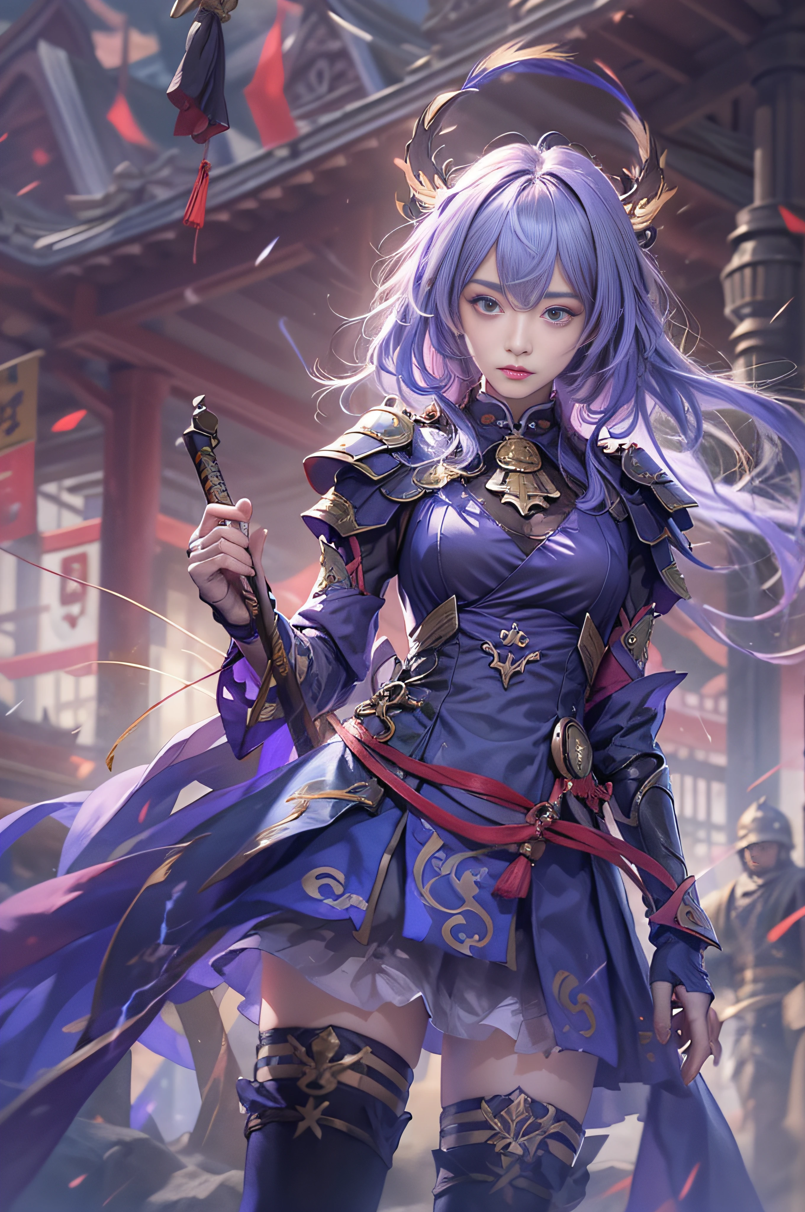 masterpiece、best qualtiy、the detail、depth of fields、Ultra-realistic and realistic face and eyes、realistic skin textures、电影灯光、Gaze on the audience。1 girl in、独奏、(frowned、Mouth closed)、Ketin_\(Genshin_impactful\)、Purple_Eyes、purple color hair、both sides、sharp eye、serious faces、gloves、Black stockings、outside of house、purple lightning、Fileg、Lightning shining sword、purple lightning、full body Esbian、A bell hangs on his chest