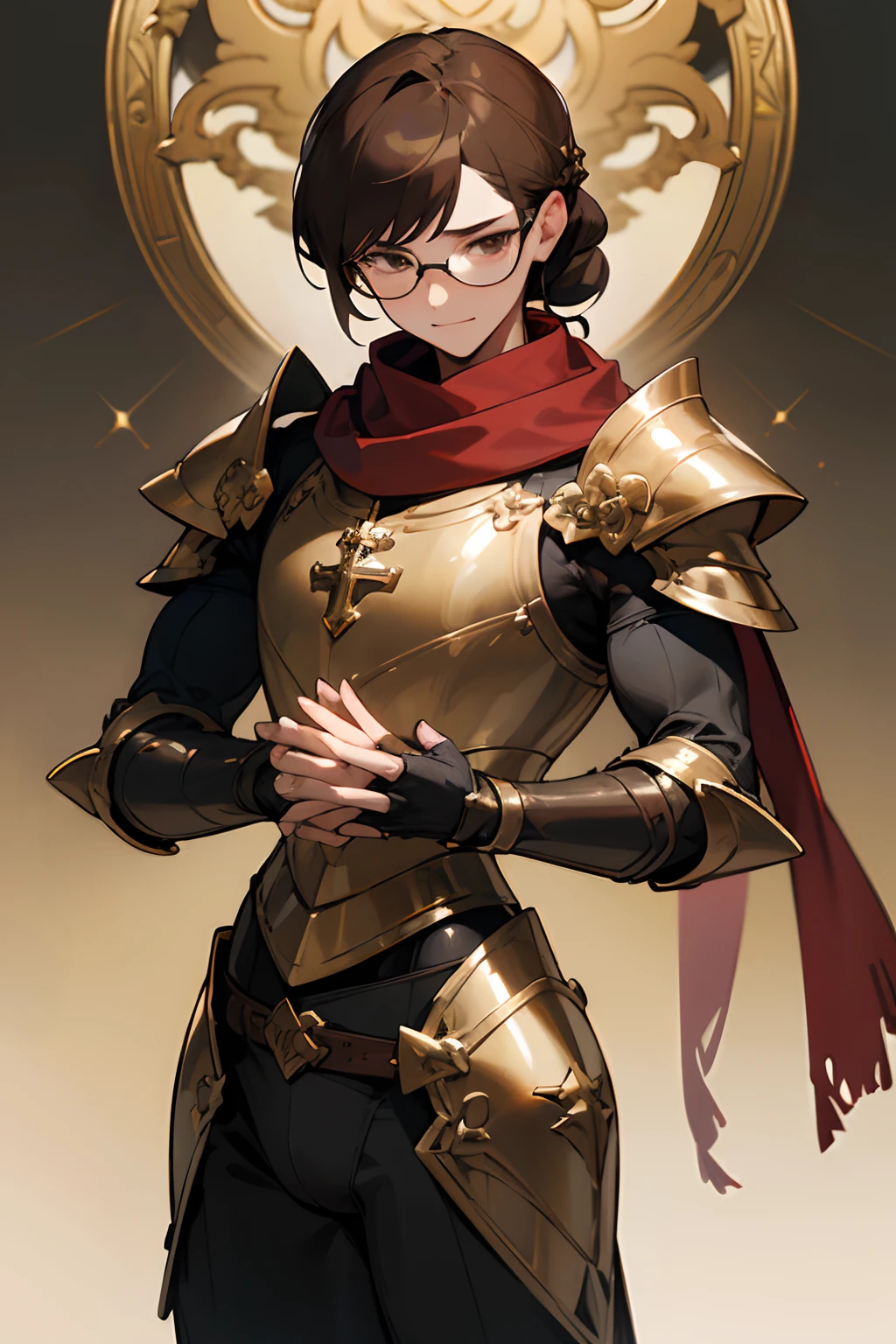 Masterpiece, ultra-high quality, very detailed, trending on ArtStation, 1man, (effeminate), knight, long hair, (brown hair), ((chignon haircut)), looking at viewer, extremely detailed eyes, (light brown eyes), wearing simple glasses, (round lenses), blushing slightly, serious grin, detailed nose, scar under left eye, ripped scarf, (red scarf), spiked pauldrons, (golden ornaments), ornate chest plate armor with gemstones, (blue gemstones), dented details on armor, belts and buckles on waist, deteriorated bulky Greaves, thick leather leg armor, (detailed leg muscles), ((groin bulge)), great sword stuck in the ground, (gold detailed cross-guard), ((black leather grip)), praying on knees, destroyed dark church background, dark ambiance, ambiance light
