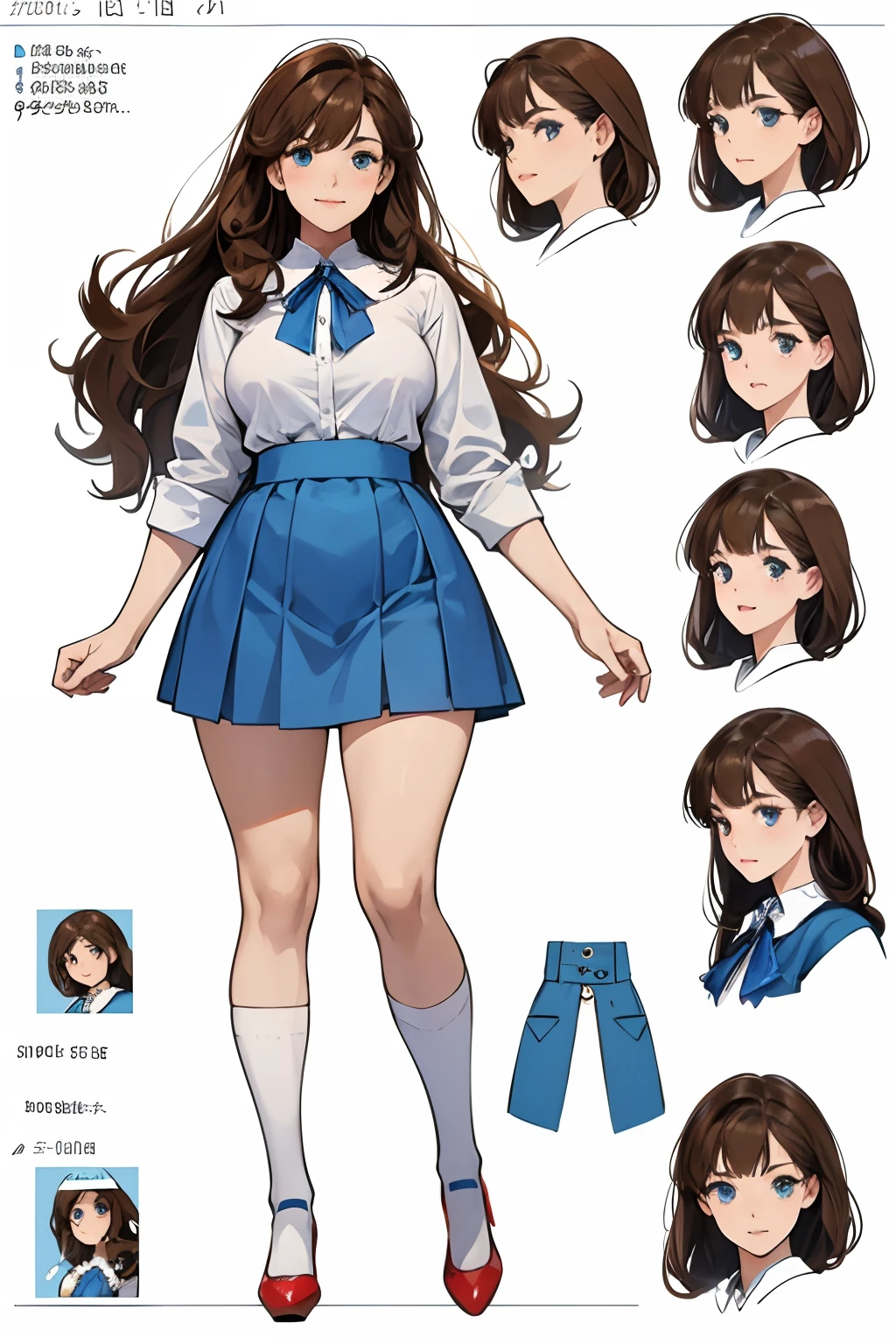 Jackie Evans. Caucasian, tanned. Brown hair, page-length, curly. Blue eyes. About 25 years old. Outgoing and friendly, a bit chubby but not obese. About 160cm tall. Small breasts, average butt. Wears a blue skirt, knee-high white socks, red shoes, a white and blue blouse and a ribbon in her hair. ((((model sheet))))