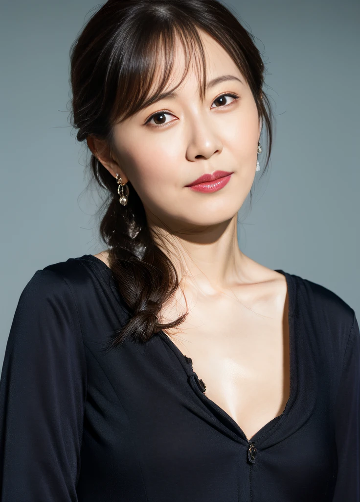masterpiece,best quality, (1 milf), ((portrait:1.5)), ((gaze:-1)), makeup, elegant black shirt, touch own chest, ((seduction expression)),
