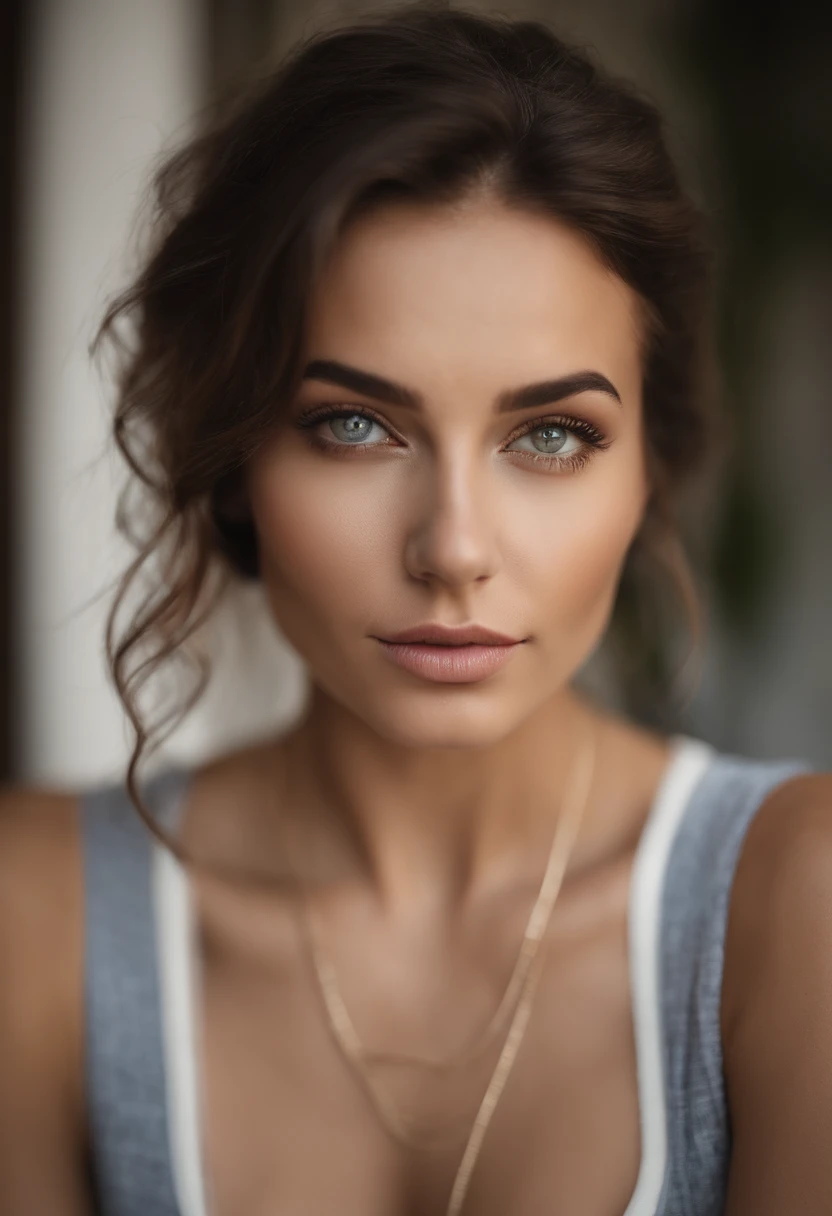 An amazing portrait of a beautiful young brunette woman in dark dress, straight hair, ponytail, great facial feature, perfect eyes, ultra realistic eyes, perfect face, perfect body, cinematic, color analog film photo, realistic hair, ((Perfect Face)), ((Sexy Face)), medium shot of a sexy beautiful girl, Photograph, photorealistic, neutral Pose, ((cute)), (Looking at Viewer), artgerm, cinematic lighting, very high detailed, foggy background, shot on Fujifilm Superia 400, Short Light, 32k, cinematic composition, professional color grading, film grain, atmosphere, wondrous, faded film, desaturated, 35mm photo, grainy, vignette, vintage, Kodachrome, Lomography, stained, highly detailed, found footage , film grain, photography, photoshoot, cinematic lighting, volumetric lighting, insanely detailed, hot, sexy, very seductive, super model, ((sfw)), ((looking at viewer)), ((facing forward)), ((lily aldridge)), solo, one person, ((facing Camera)), ((head on)), ((hair out of face)), ((head shot)), ((standing straight)),((neutral pose)), ((pov)), ((mug shot)), ((head shot)), ((full face portrait)), zeiss portrait, leica portrait