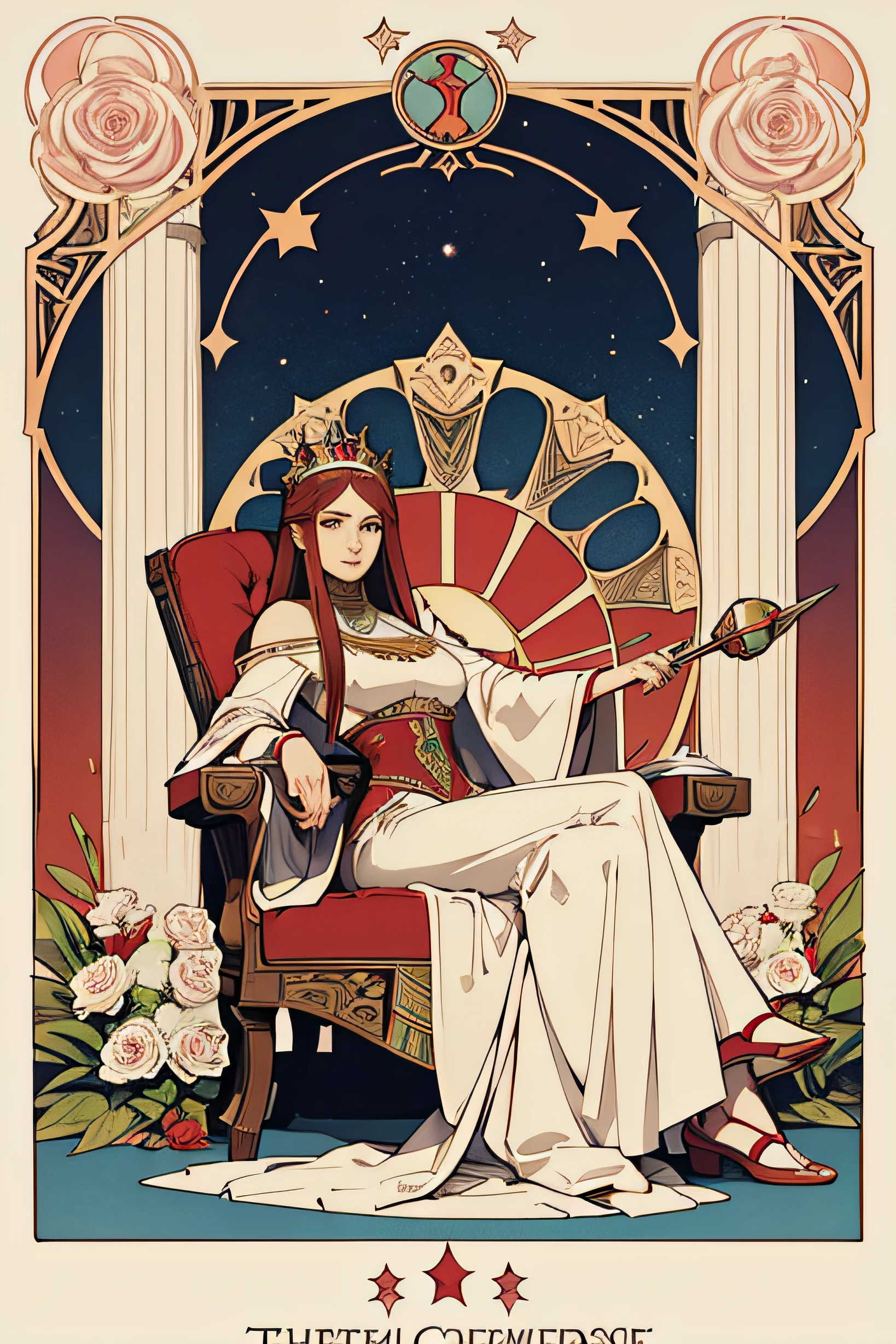 The Empress, Tarot cards, White long robe with red rose pattern, The river flows through it., Red Pillow, Egypt, art, Alphonse Mucha, Sit in a full-body chair., Sit face straight., Round head scepter, Twelve stars on the head, Heart-shaped shield