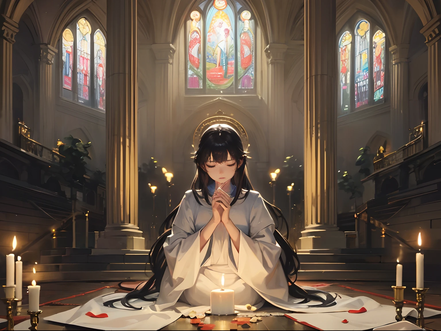 A suggestive image capturing a person in a moment of sincere prayer and devotion. The scene takes place in a serene and sacred space, as a peaceful temple or a secluded natural environment. The individual is portrayed in a humble posture, eyes closed and hands clasped in prayer. His face reflects a feeling of deep reverence and tranquility, immersed in a deep spiritual connection. Raios suaves de luz solar ou luz suave de velas iluminam a cena, casting a warm and ethereal glow. Symbolic Elements, como incenso ou oferendas florais, can be present to enhance the atmosphere of devotion. The composition should evoke a sense of introspection and inner peace, inviting viewers to contemplate the power of prayer. The colors are harmonious and soothing, criando um ambiente sereno.