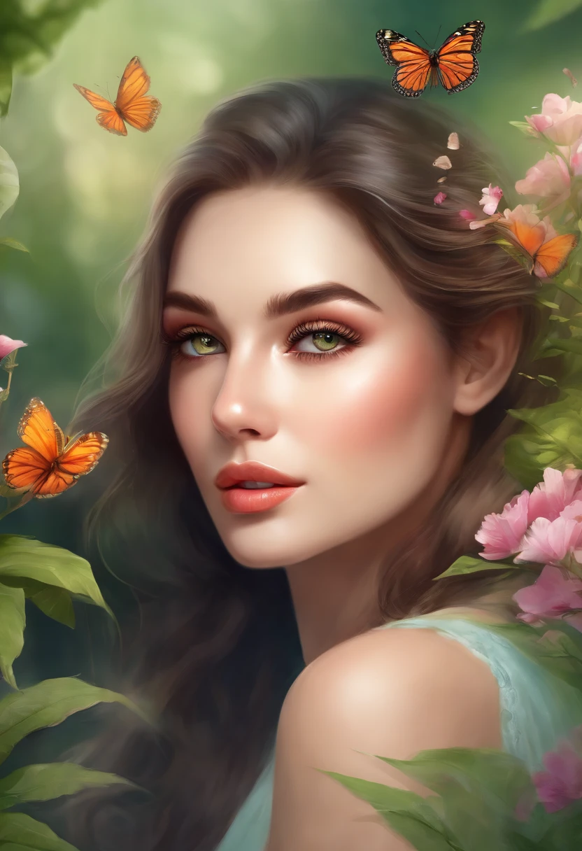 (detailed eye, detailed lips, extremely detailed face and body, long eyelashes, natural makeup, beautiful girl with a confident expression, elegant posture), (illustration, hand-painted, watercolor), (lush green garden, blooming flowers, flowing fountain, colorful butterflies), (best quality, 4k resolution, high-res masterpiece:1.2), (vibrant colors, soft pastel tones), (soft natural lighting, gentle sunlight), (front view, side view, back view).