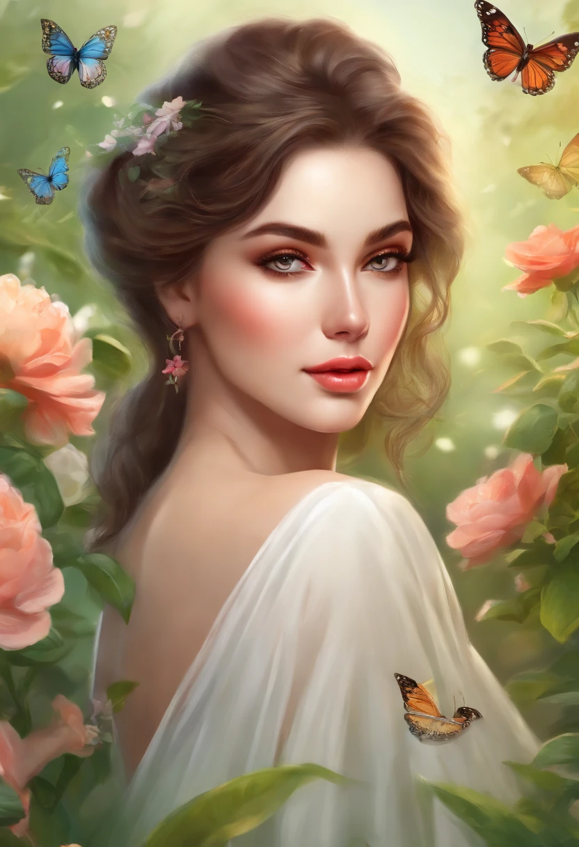 (detailed eye, detailed lips, extremely detailed face and body, long eyelashes, natural makeup, beautiful girl with a confident expression, elegant posture), (illustration, hand-painted, watercolor), (lush green garden, blooming flowers, flowing fountain, colorful butterflies), (best quality, 4k resolution, high-res masterpiece:1.2), (vibrant colors, soft pastel tones), (soft natural lighting, gentle sunlight), (front view, side view, back view).