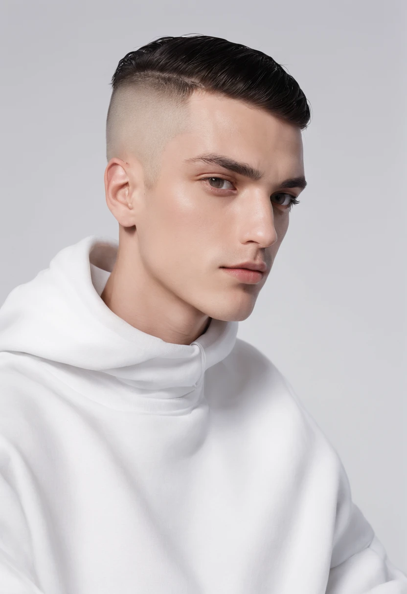 arafed man in a white sweatshirt , mid shot portrait, profile shot, photo portrait, high quality portrait, taken in the early 2020s, headshot profile picture, french crop highe taper fade haircut, black hair