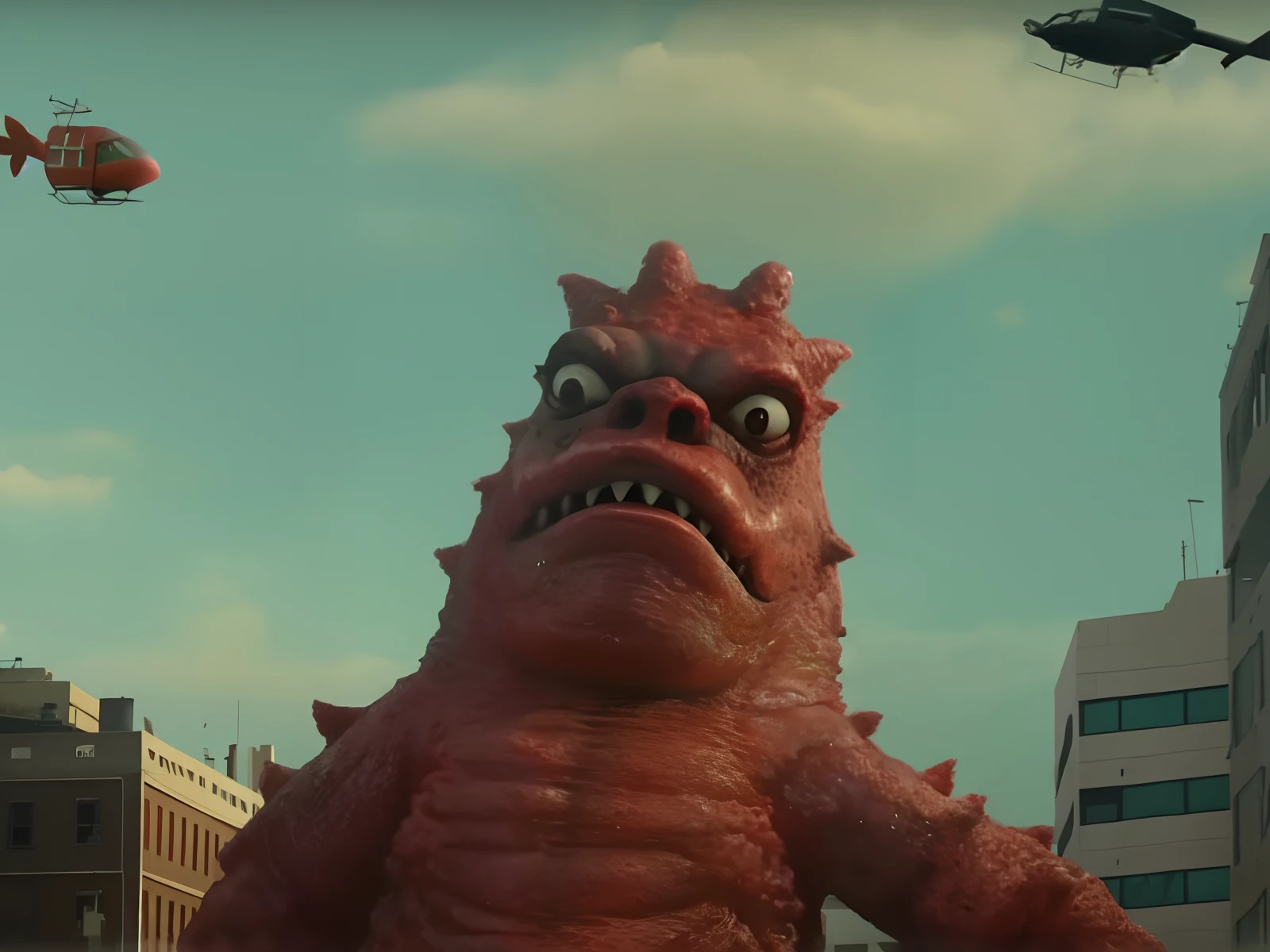 monstro vermelho gigante no meio de uma cidade, cena de um filme live action