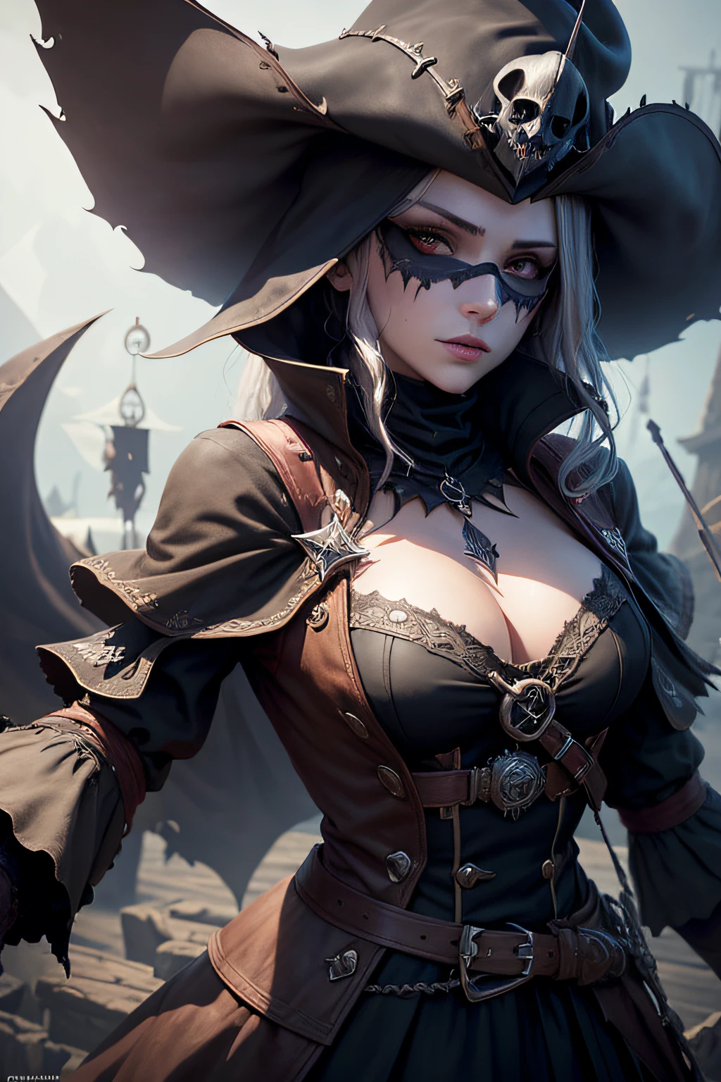 young demonic undead girl, dark pirate captain, evil look, ripped clothes,combat stance, wielding a sword, long pirate coat, pirate hat, highly detailed, vibrant appearance, creative behavior, extremly detailed, imaginative, sensual, spontaneous, highest quality, skin texture, intricate details, (cinematic lighting), RAW photo, 8k, masterpiece,best quality,ultra-detailed,very detailed illustrations,extremely detailed,intricate details,highres,super complex details,extremely detailed 8k cg wallpaper,
