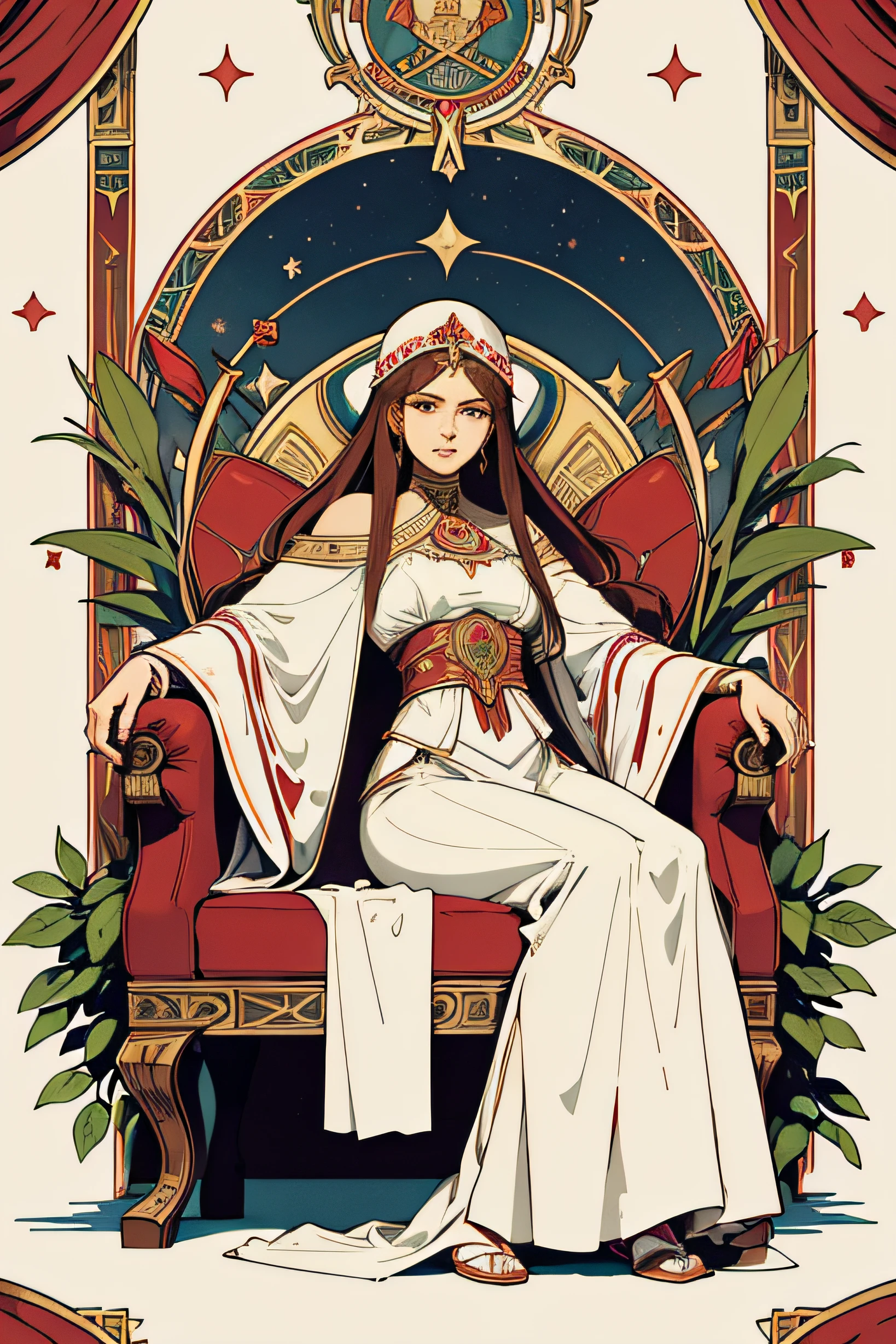 The Empress, Tarot cards, White long robe with red rose pattern, The river flows through it., Red Pillow, Egypt, art, Alphonse Mucha, Sit in a full-body chair., Sit face straight., Round head scepter, Twelve stars on the head, Heart-shaped shield