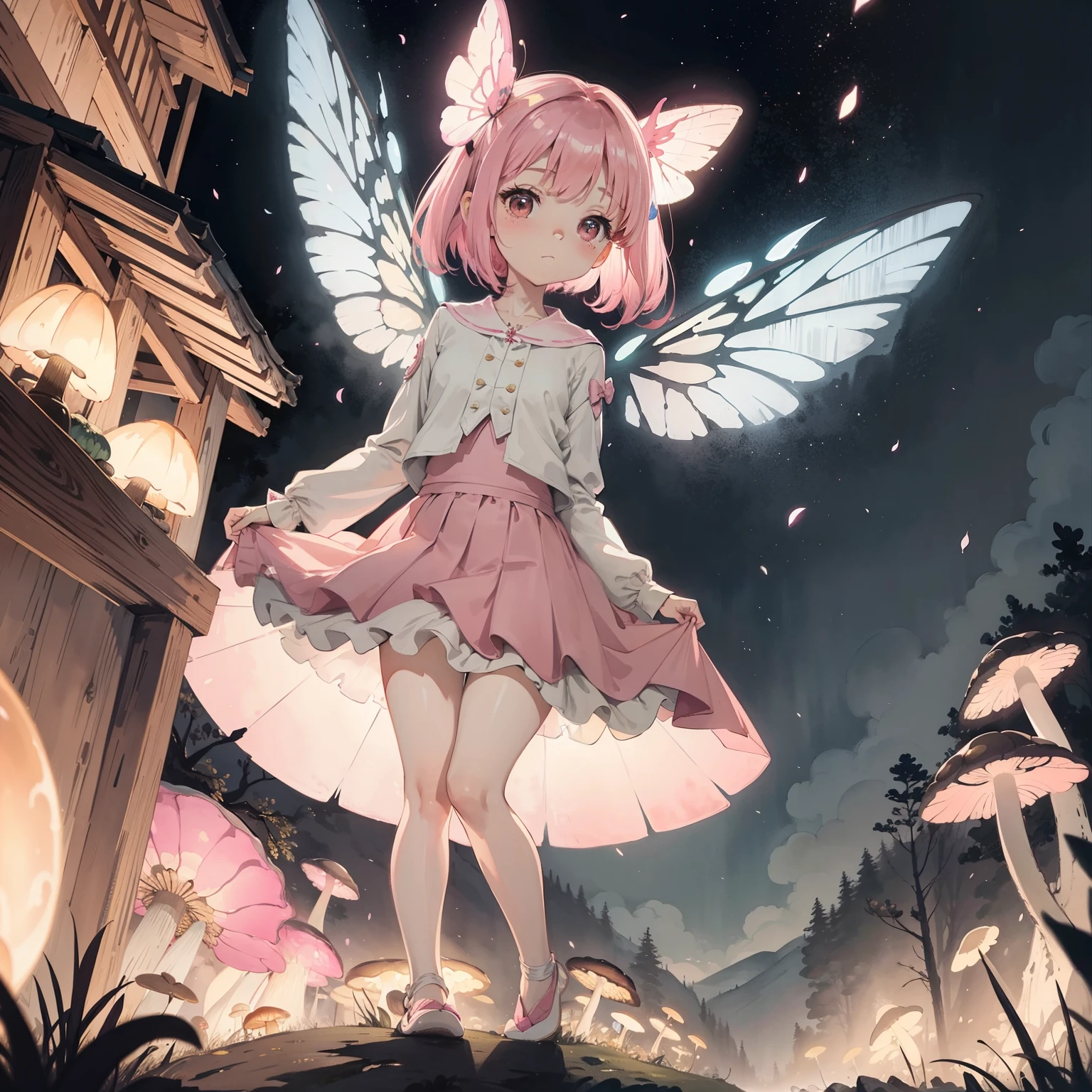 Beautiful and aesthetic,, Solo,Cute,in pink,pleatedskirt,Dance,It has dragonfly-like wings and membrane wings,Cogumelos,Mushrooms,Huge mushrooms,spore,(glowing ambiance, enchanting glow, luminouslighting, Ethereal atmosphere,Watercolor illustration, Perfect anatomy, Masterpiece, Best quality, 1girll, li,eature, landscape
