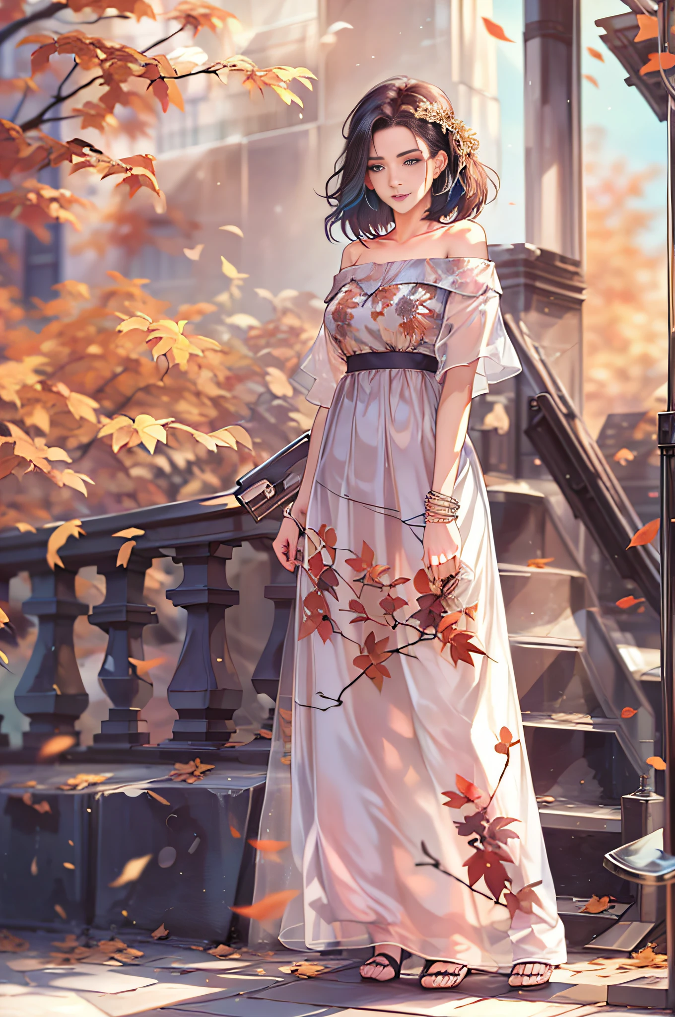 ((Masterpiece, best quality,edgQuality)), smug,smirk, edgADC_fashion, long dress, autumn leaves print,sandals,off shoulder blouse,standing ,wearing edgADC