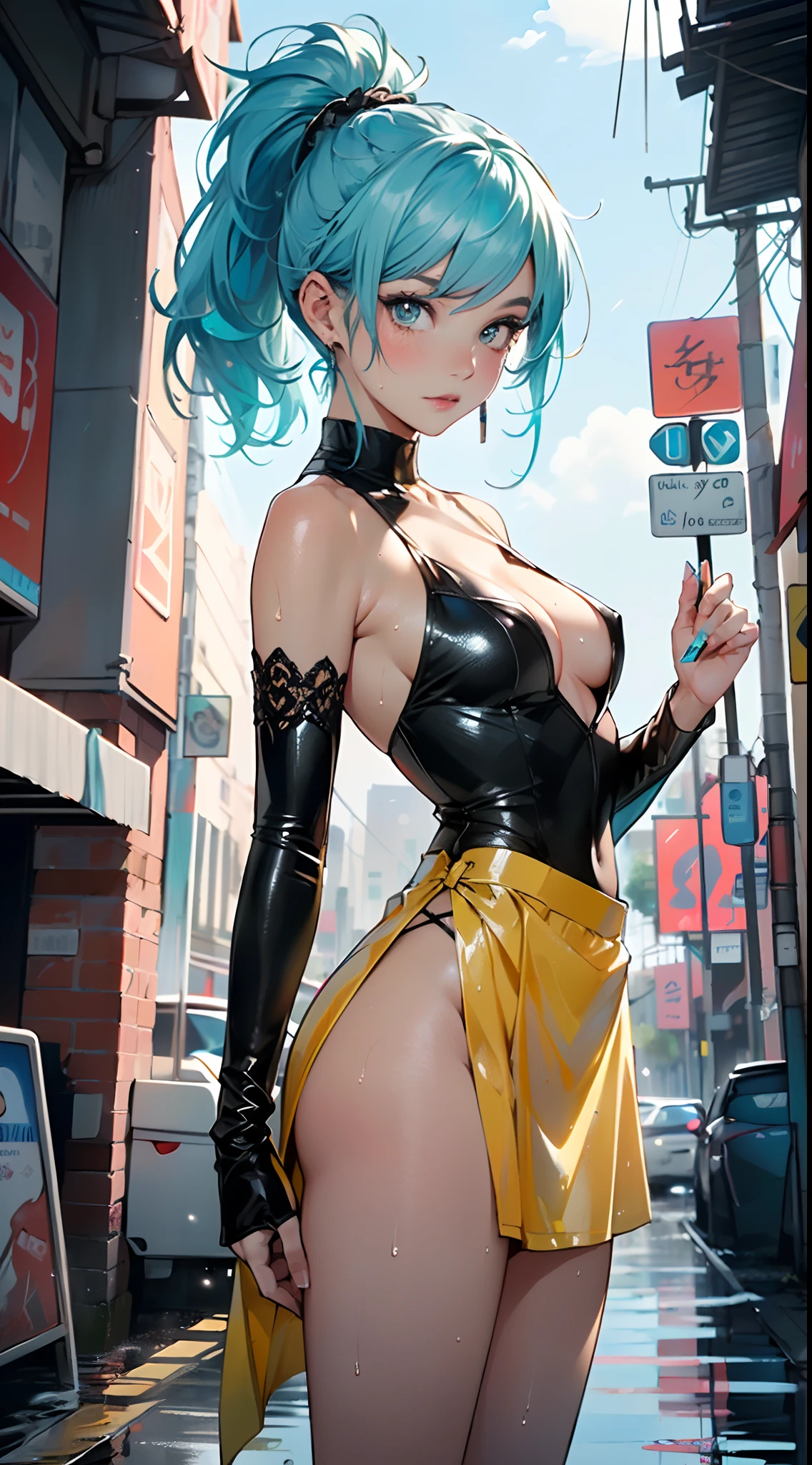 cute little loli,(((little loli,small tiny body,petite,chibi))),(((6 years old))),((little loli with extremely cute and beautiful aqua hair)),(baby face), (round face)
(((flat chest))),(((aqua hair:1.5,long aqua hair,ponytail,colored inner hair,ear breathing,)))((heterochromia:1.5, (aqua_eye and yellow_eye))),intricate eyes,beautiful detailed eyes,symmetrical eyes,big eyes:1.5,(((lustrous skin:1.5,bright skin: 1.5,skin tanned,shiny skin,very shiny skin,shiny body,plastic glitter skin,exaggerated shiny skin,illuminated skin,wet legs))),(detailed body,(detailed face)),
cute,slutty,erotic,((nsfw)),
zettai ryouiki,(revealing clothing,show skin),((sideboob)),(barefoot,),(((breast curtain,low rise mini skirt,high cut thong))),((wet clothes,intricate outfit,intricate clothes)),
(dynamic pose:1.0),solo focus,embarrassed,(centered,scale to fit dimensions,Rule of thirds),
cyberpunk city by the ocean at night, with bright neon signs and dark stormy clouds and puddles, scenery:1.25,
artistic photography,(photography taken by sldr),highres, sharp focus, (ultra detailed, extremely detailed), (photorealistic artwork:1.37),(extremely detailed CG unity 8k wallpaper),((synthwave background theme)),(((vibrant colors))),(intricate background),(masterpiece),(best quality),