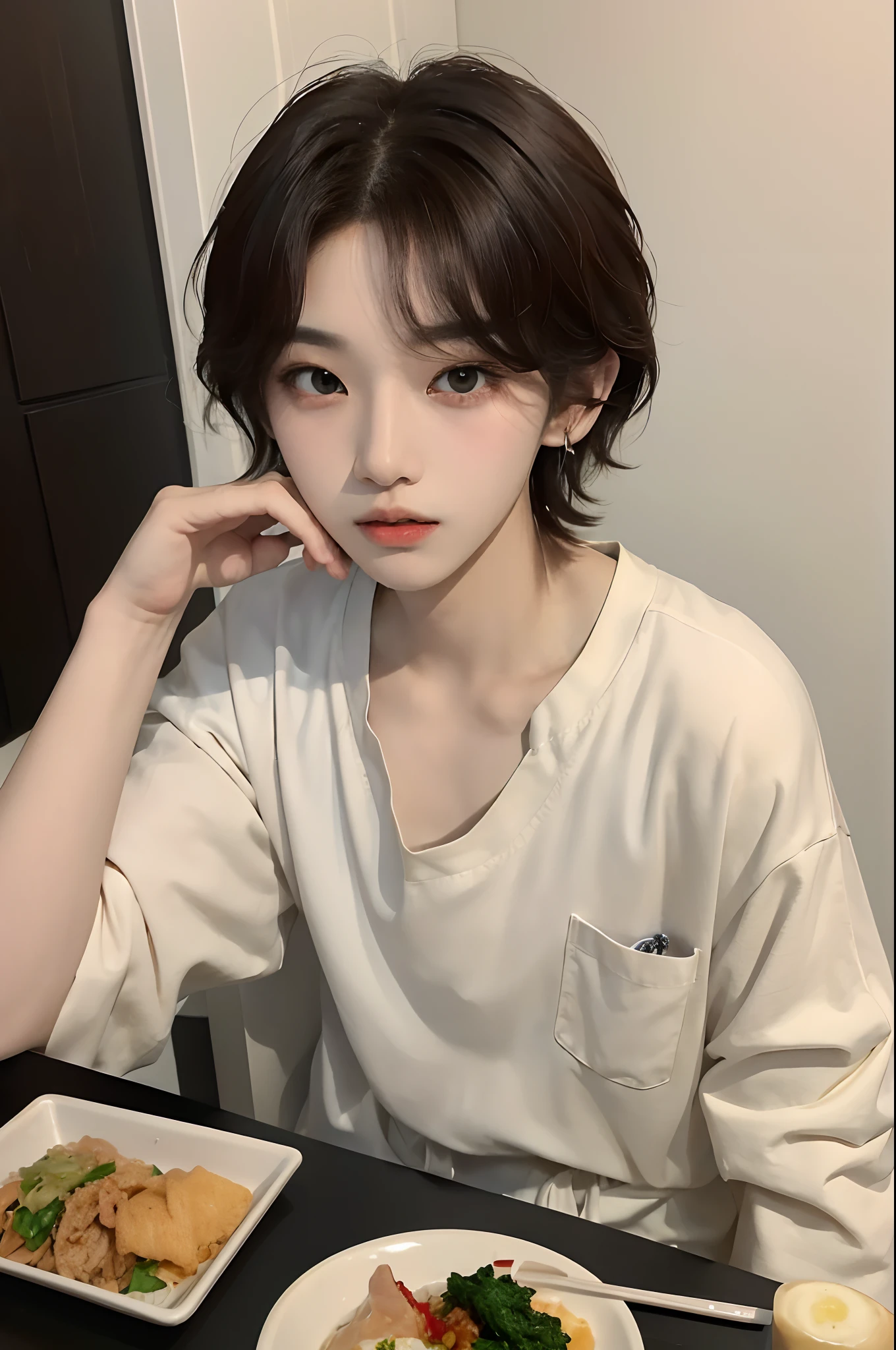masterpiece、top-quality)、One Manly Boy、Slim body、((Black and white plain clothes:1.1))、(Detailed beautiful eyes)、In the kitchen of a rich man's house、Face similar to Chaewon in Le Selefim、((short hair above the ears))、((Smaller face))、((Neutral face))、((Light brown eyes))、((Korean boy))、((18year old))、((Handsome man))、((Wild look))、((Korean Makeup))、((elongated and sharp eyes))、((Happy dating))、((In the middle of the meal))、((Looking Up))、((shot from front))