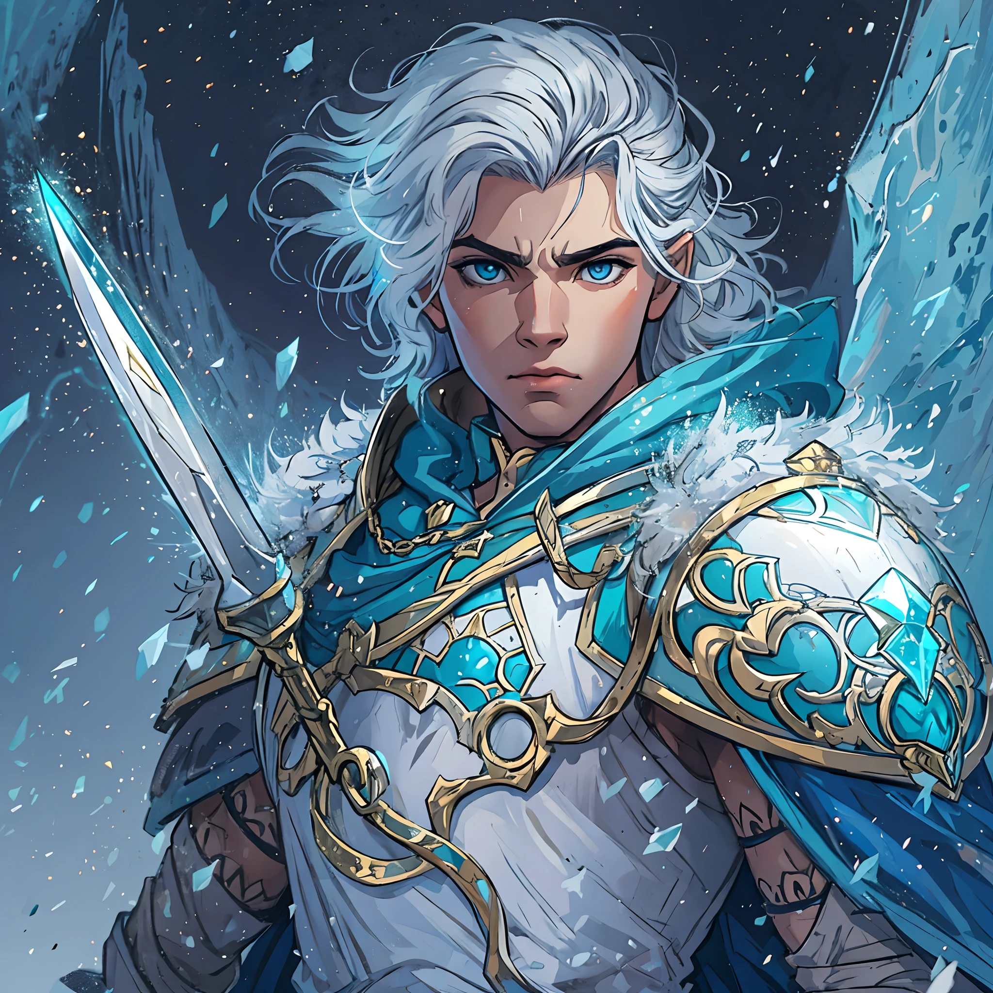 um jovem guerreiro, Um nobre cavaleiro, guerreiro de um reino vestindo ouro, armadura azul e branca;, uma armadura angelical, This warrior is young with ice powers, your hair is short at ear height, como um corte de cabelo estilo emo, tem cabelos brancos como a neve, He is a great warrior of a blue and white kingdom, his eyes are blue as the ocean, He is from the Angelica family, Lights make up the image, juntamente com neve e um brilho branco, no fundo uma cidade de rpg durante um inverno enquanto neva, uma arte medieval para RPG