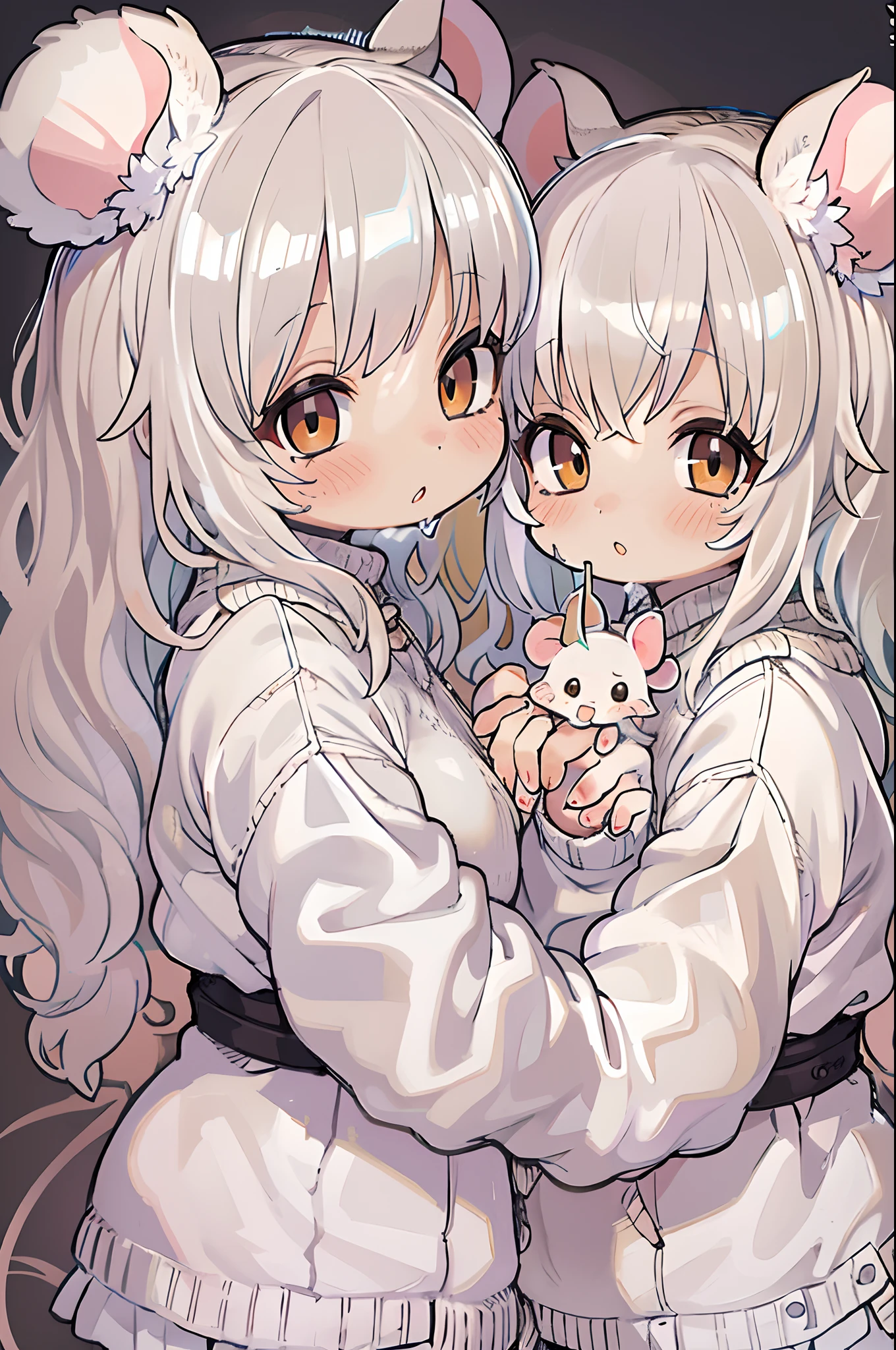 twins, Mouse Girls, short fluffy white hair, Big round mouse ears, White sweater, Holding hands, ((dark brown eyes)), a couple, Beautiful, Glossy lips, Detailed eyes