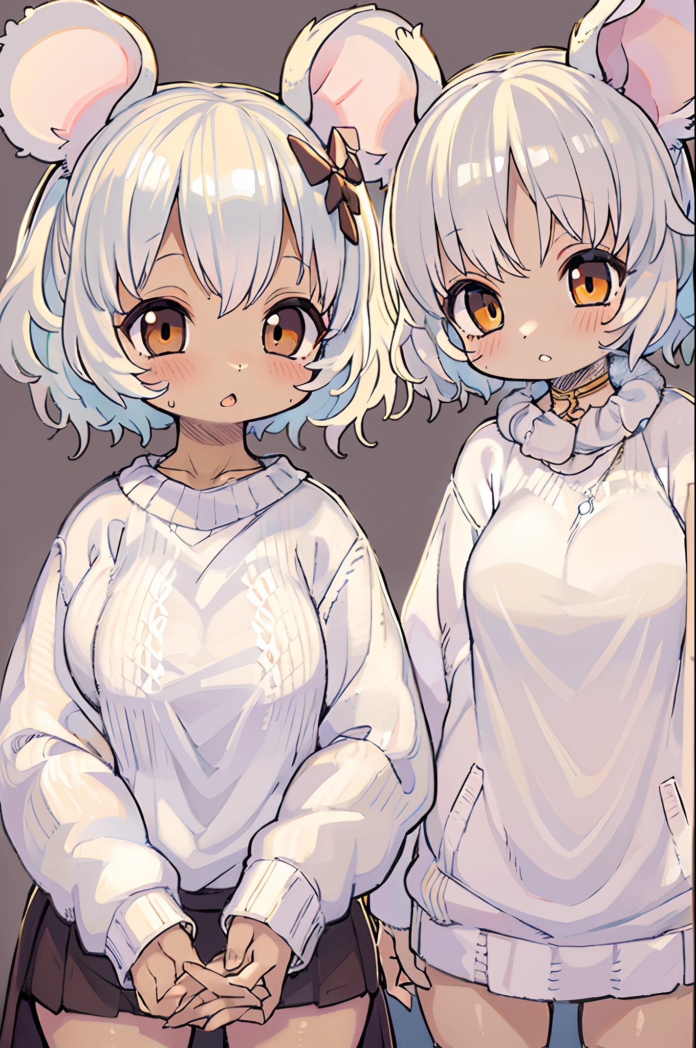 twins, Mouse Girls, short fluffy white hair, Big round mouse ears, White sweater, Holding hands, ((dark brown eyes)), a couple, Beautiful, Glossy lips, Detailed eyes