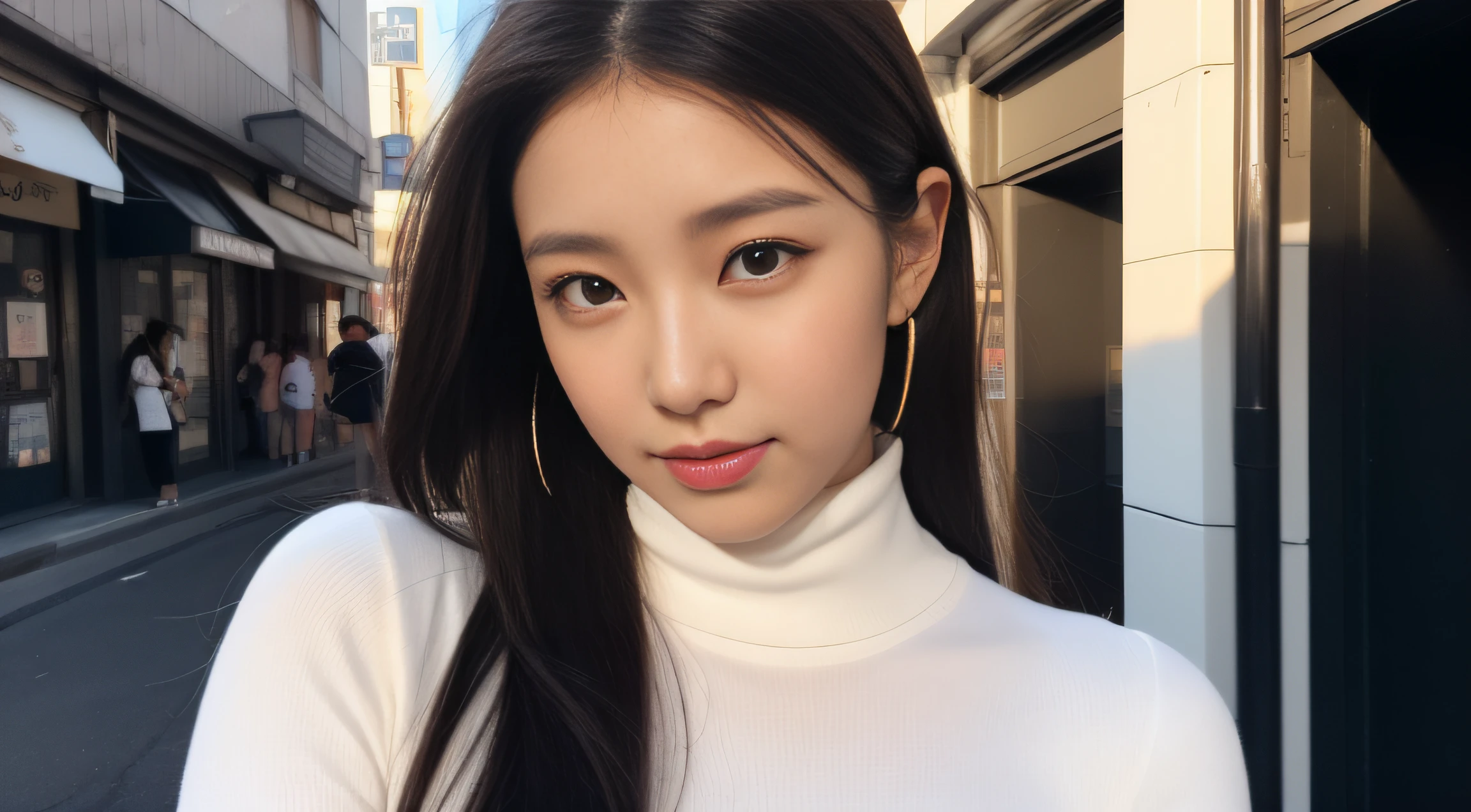 ulzzang -6500-v1.1, (Raw photo:1.2), (Photorealsitic), huge filesize, hight resolution, ighly detailed, top-quality, [​masterpiece:1.6], illustratio, ighly detailed, nffsw, finely detail, top-quality, 8k wallpaper, Woman crouching on street in big city、(1 girl in),17 age、full-shot、People with Japan、perfect body type, ((Big breasts with tension、Disproportionately huge、heavy breasts))、Lori face、closes mouth、shyly smile、(Japan Black High Neck Bodycon Dress、Black High Neck Bodycon Dress、Black Japan High Neck Bodycon Dress:1.3)、Crowds、dynamicposes(Photoreal: 1.4), (Hyper-realistic: 1.4), (Realistic: 1.3), (Smooth lighting: 1.05), (Improved cinematic lighting: 0.9), Realistic lighting, Backlight, Face Light, raytrace, (Whitening light: 1.2), (Image enhancement: 1.4), ( Top quality real skins: 1.4), Narrow eyes, Fine face, Narrow eyes, (Body Line Mood Increase: 1.1), (Skin Texture Enhancement Beauty: 1.1),