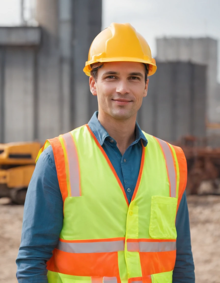 full body, A mechanical engineer. Clad in a site construction clothes. Wears a yellow vest with radiation detector and has in hand a walkie-talkie. He embodies the qualities of a highly trained engineer. In the background, an industrial site with no fumes. Very realistic , photo type