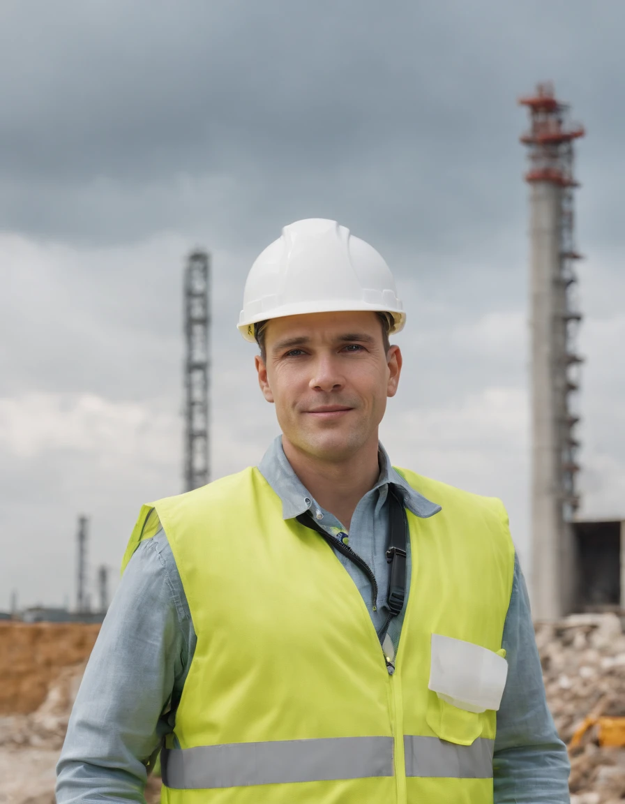 full body, A mechanical engineer. Clad in a site construction clothes. Wears a yellow vest with radiation detector and has in hand a walkie-talkie. He embodies the qualities of a highly trained engineer. In the background, an industrial site with no fumes. Very realistic , photo type