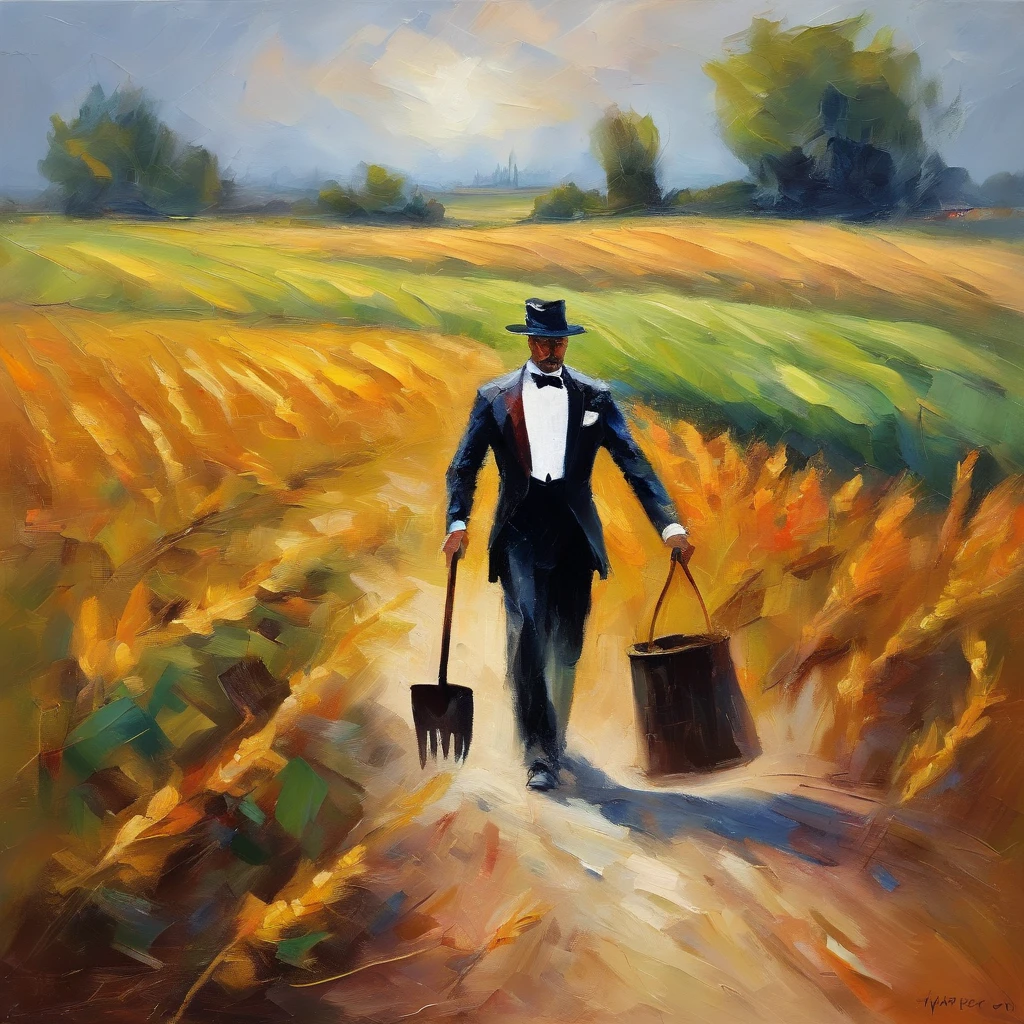 man with tuxedo, with shovel, in the middle road, at corn fields, horor vibes