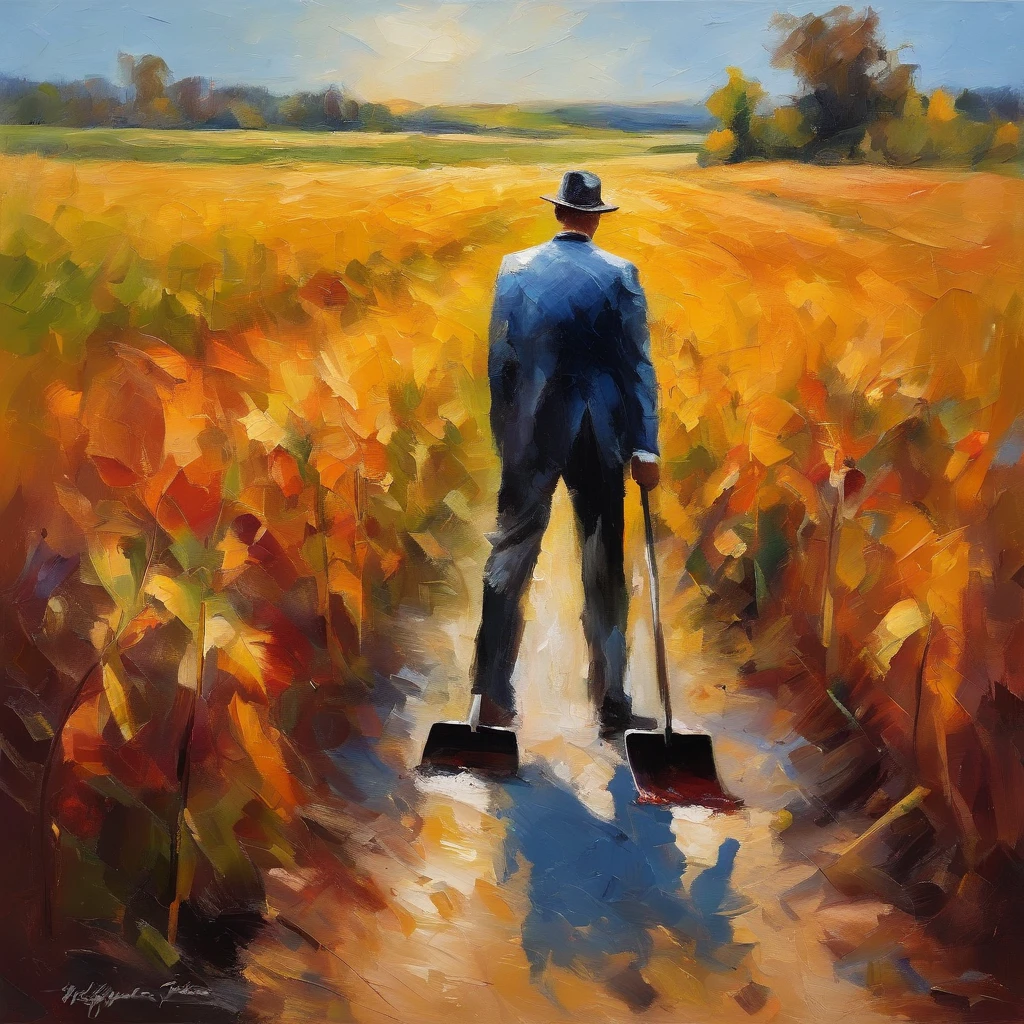 man with tuxedo, with shovel, in the middle road, at corn fields, horor vibes