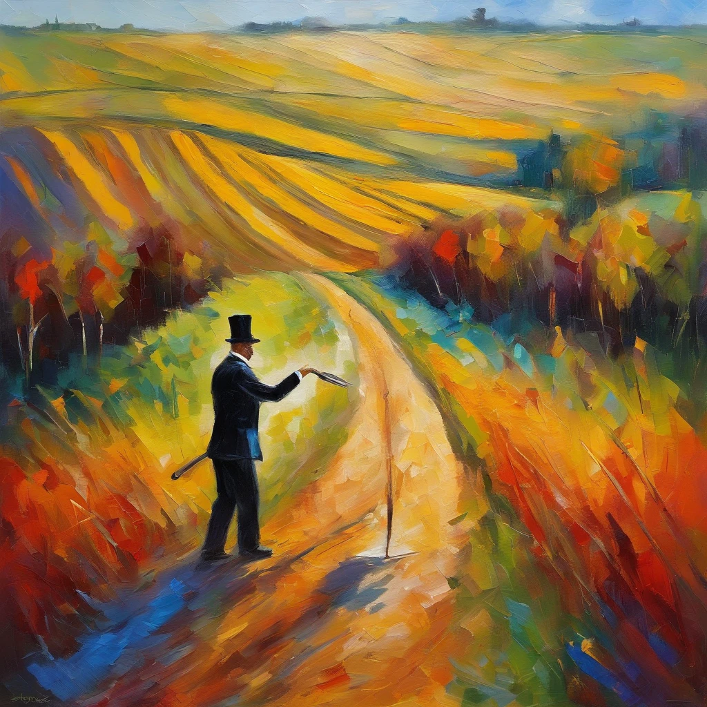 man with tuxedo, with shovel, in the middle road, at corn fields, horor vibes