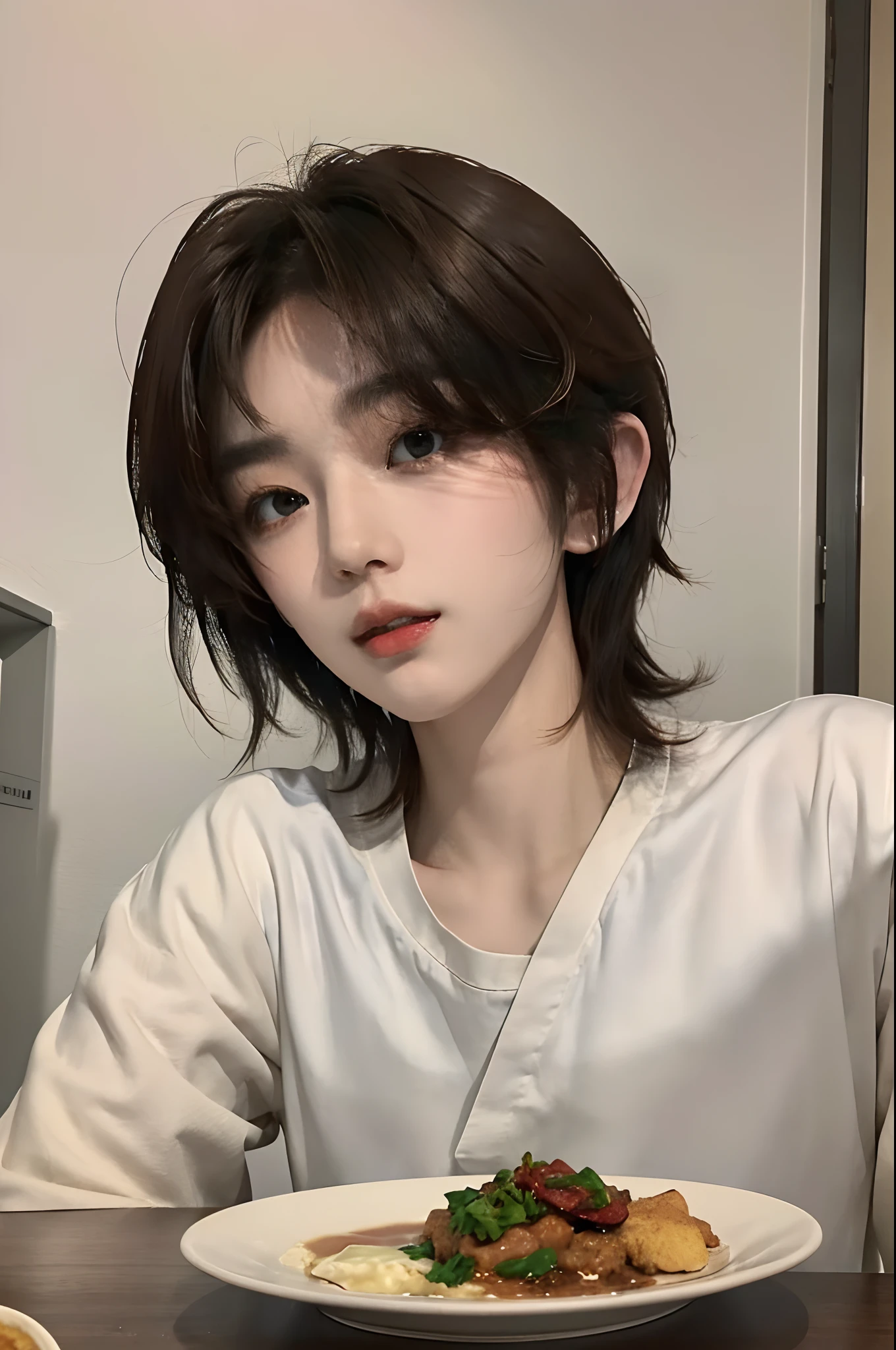 masterpiece、top-quality)、One Manly Boy、Slim body、((Black and white plain clothes:1.1))、(Detailed beautiful eyes)、In the kitchen of a rich man's house、Face similar to Chaewon in Le Selefim、((short hair above the ears))、((Smaller face))、((Neutral face))、((Light brown eyes))、((Korean boy))、((18year old))、((Handsome man))、((Wild look))、((Korean Makeup))、((elongated and sharp eyes))、((Happy dating))、((In the middle of the meal))、((Looking Up))、((shot from front))