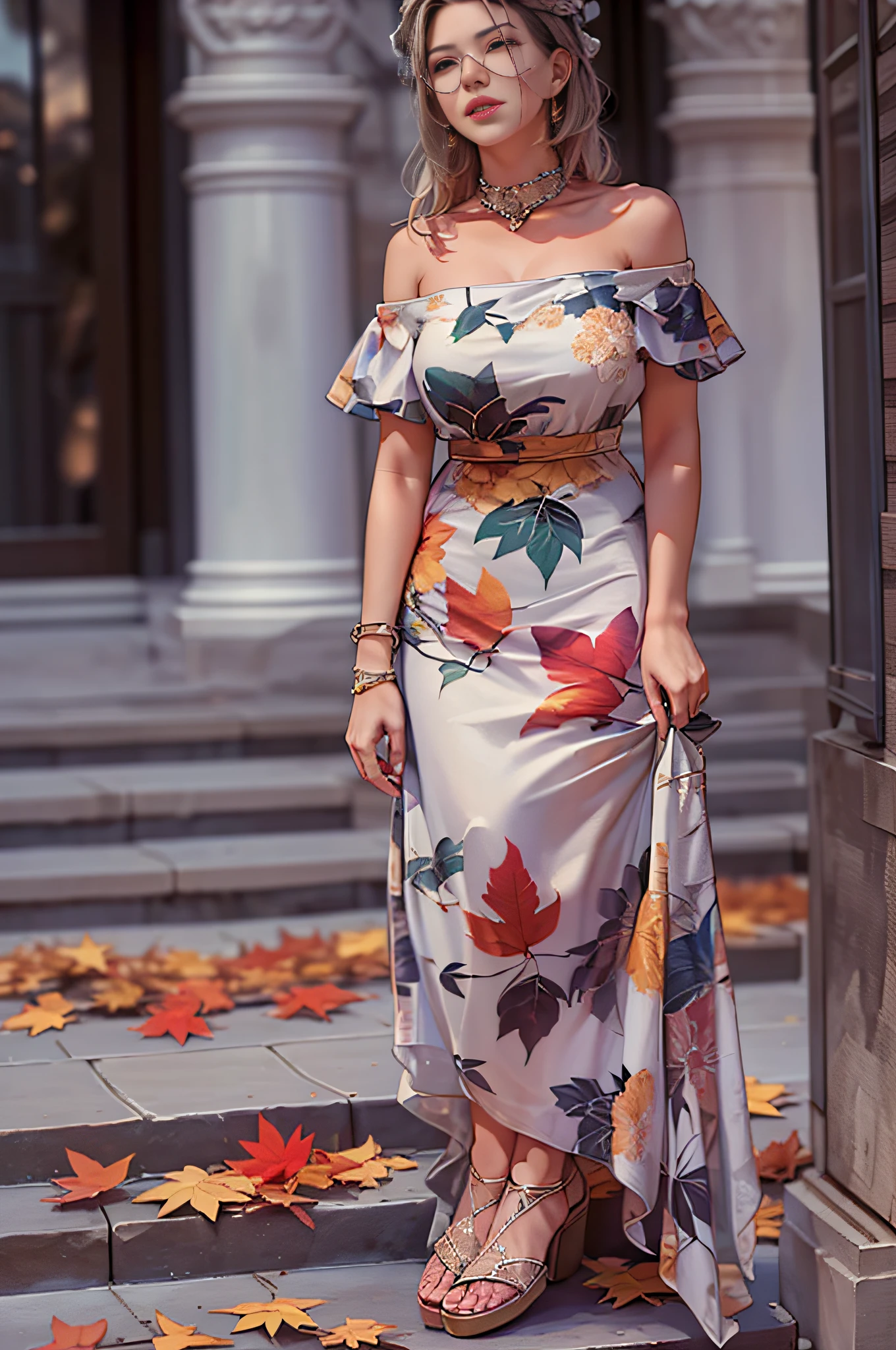 ((Masterpiece, best quality,edgQuality)), smug,smirk, edgADC_fashion, long dress, autumn leaves print,sandals,off shoulder turtleneck ,wearing edgADC