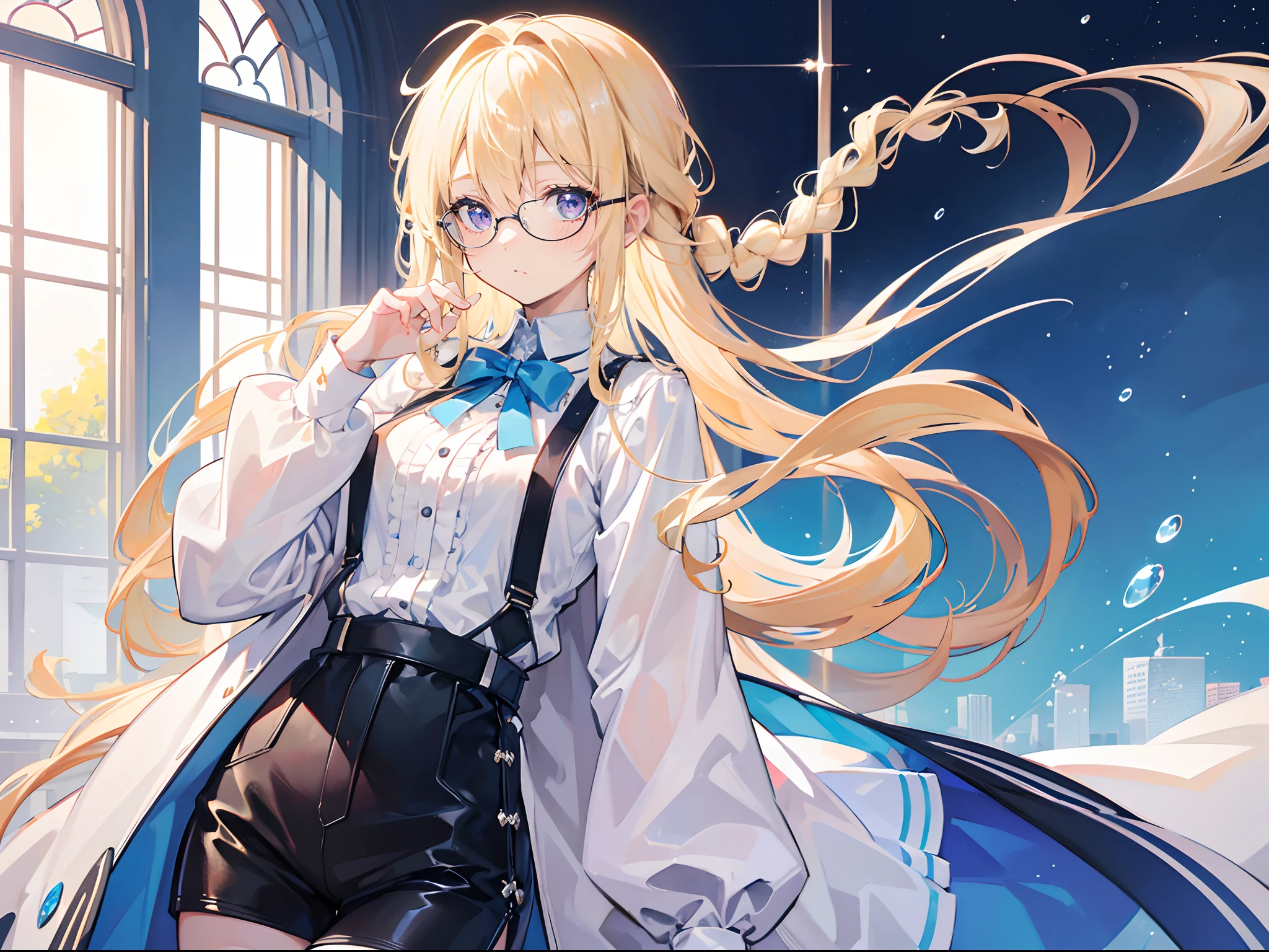 (bestquality,ultra-detail,highres:1.2),Beautiful long blonde hair,Bright blue eyes,detailed face,Shy Expression,18 year old girl,white blouse,Left Braid,eyeglasses,black shorts,Shy face