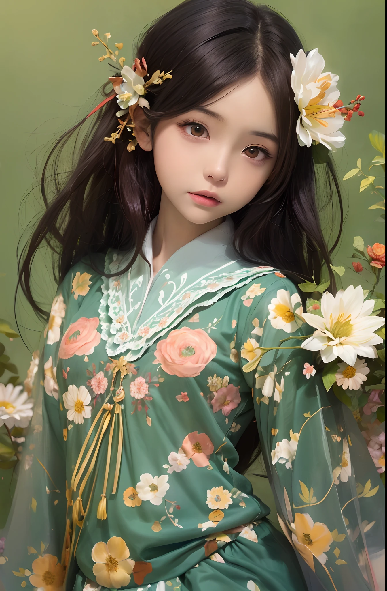 （Need，tmasterpiece），1girll，Pose，Particle，ventania，florals，The upper part of the body，simplebackground，looking at viewert，Focus on the face，The color hair，