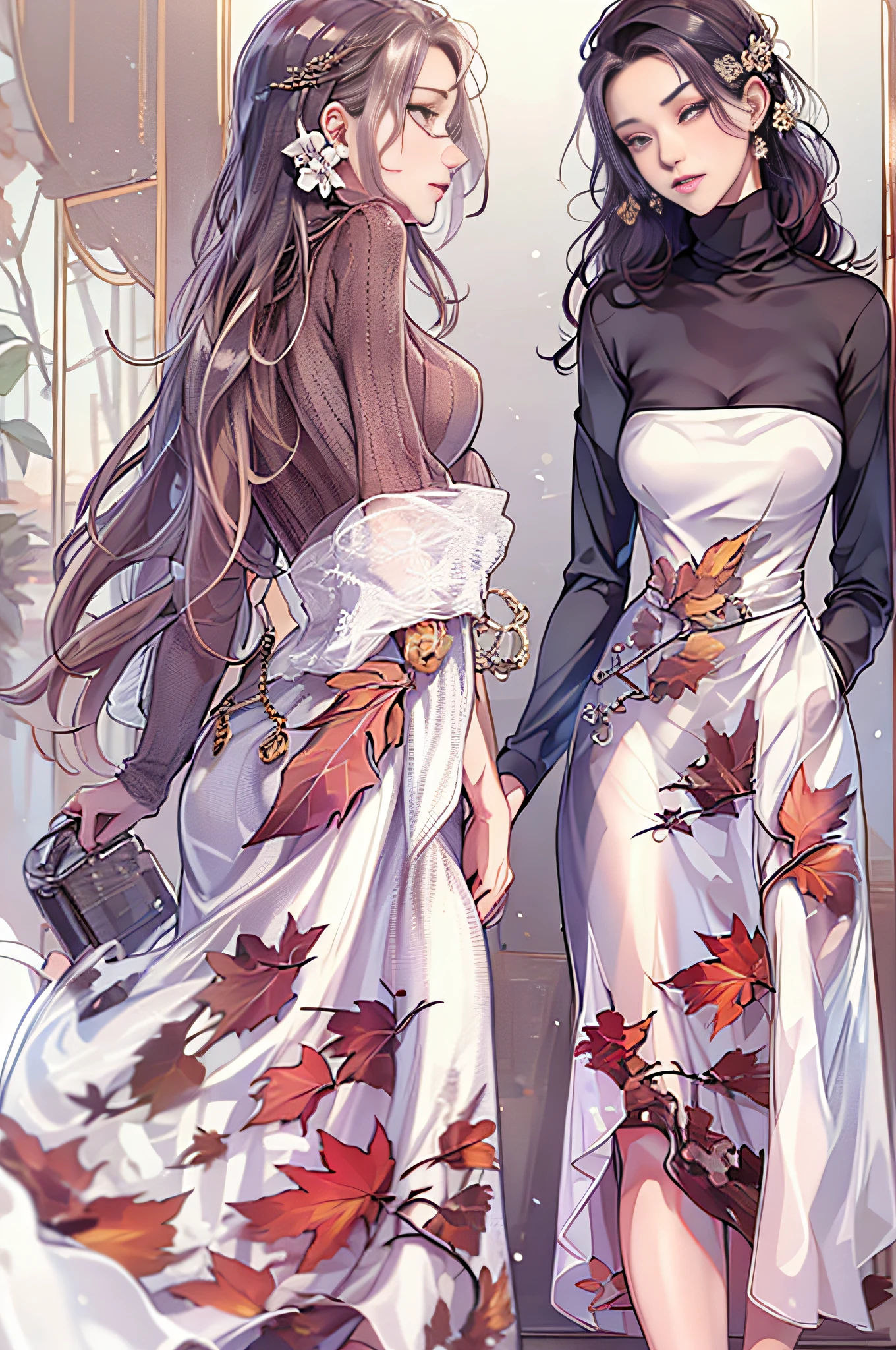 ((Masterpiece, best quality,edgQuality)), smug,smirk, edgADC_fashion, long dress, autumn leaves print,sandals,off shoulder turtleneck ,wearing edgADC