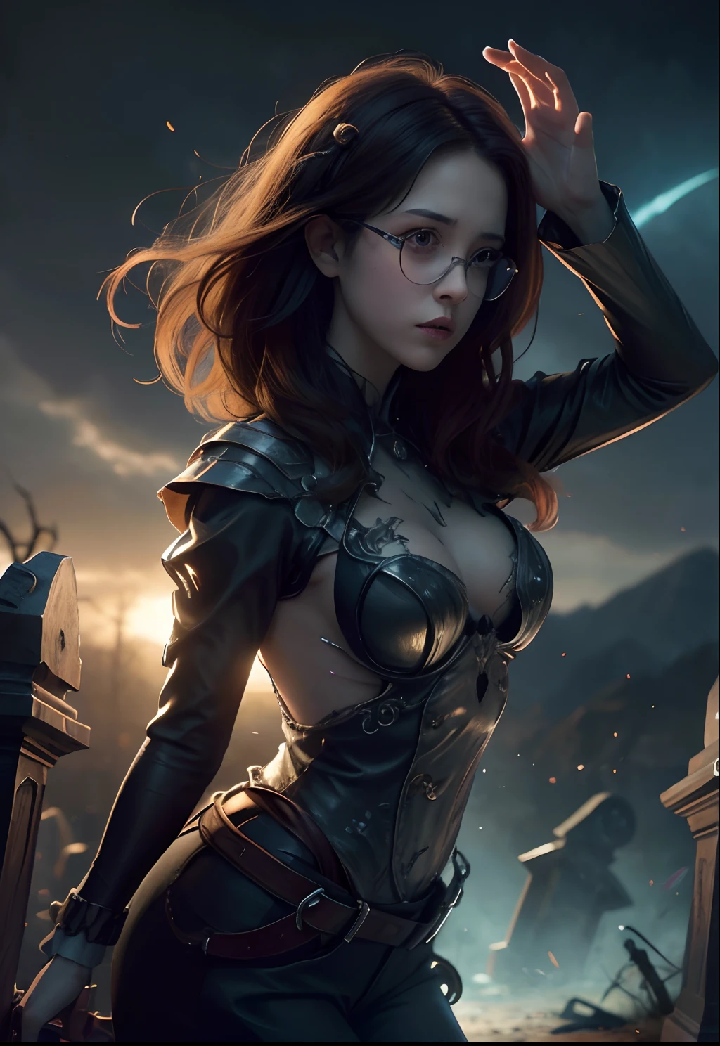 (Masterpiece:0.9), best quality, (illustration, absurd-resolution:1.1), hyper detail, (halloween theme), (1girl), solo, dynamic angle, (cinematic lighting, best quality backlight), Tareme, (glasses, Witches' Clothing), Tombstone, (cemetery:1.25), richly coloured, (Ghost, Kawaii:1.25), Will-o'-the-wisp, [(darkness background:1.4)::0.2], (Halloween 4k Wallpapers:1.25), HDR, --auto
